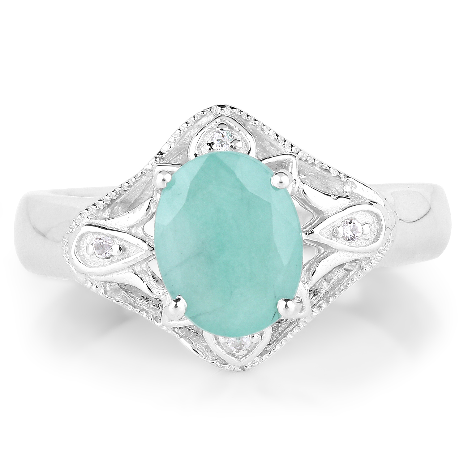 1.69 Carat Genuine Emerald and White Topaz .925 Sterling Silver Ring