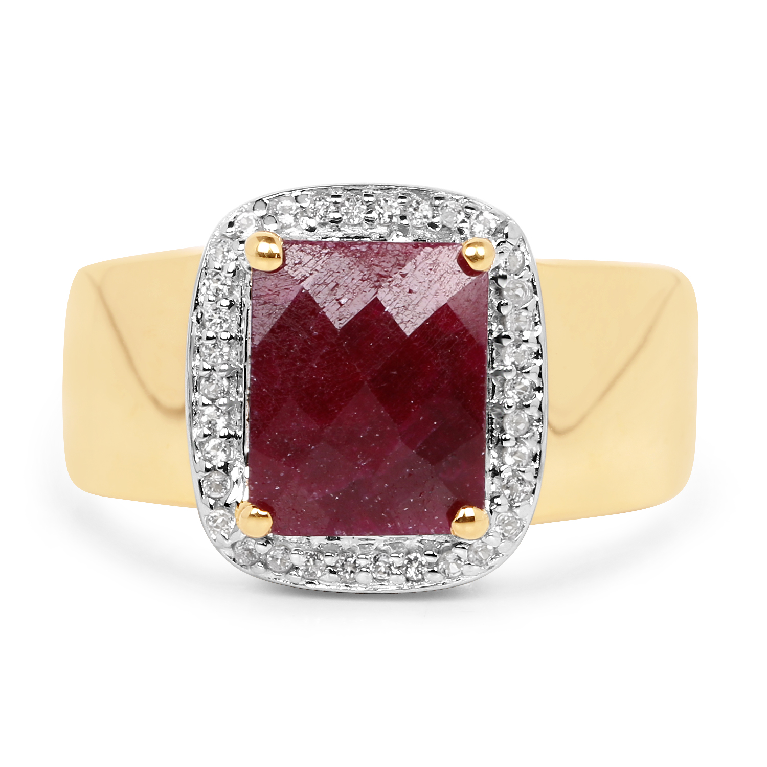 14K Yellow Gold Plated 5.00 Carat Dyed Ruby and White Topaz .925 Sterling Silver Ring