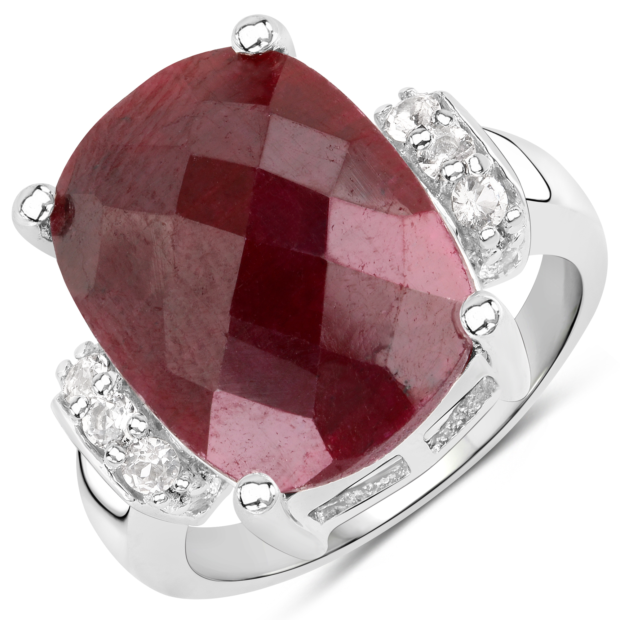 12.08 Carat Dyed Ruby and White Topaz .925 Sterling Silver Ring
