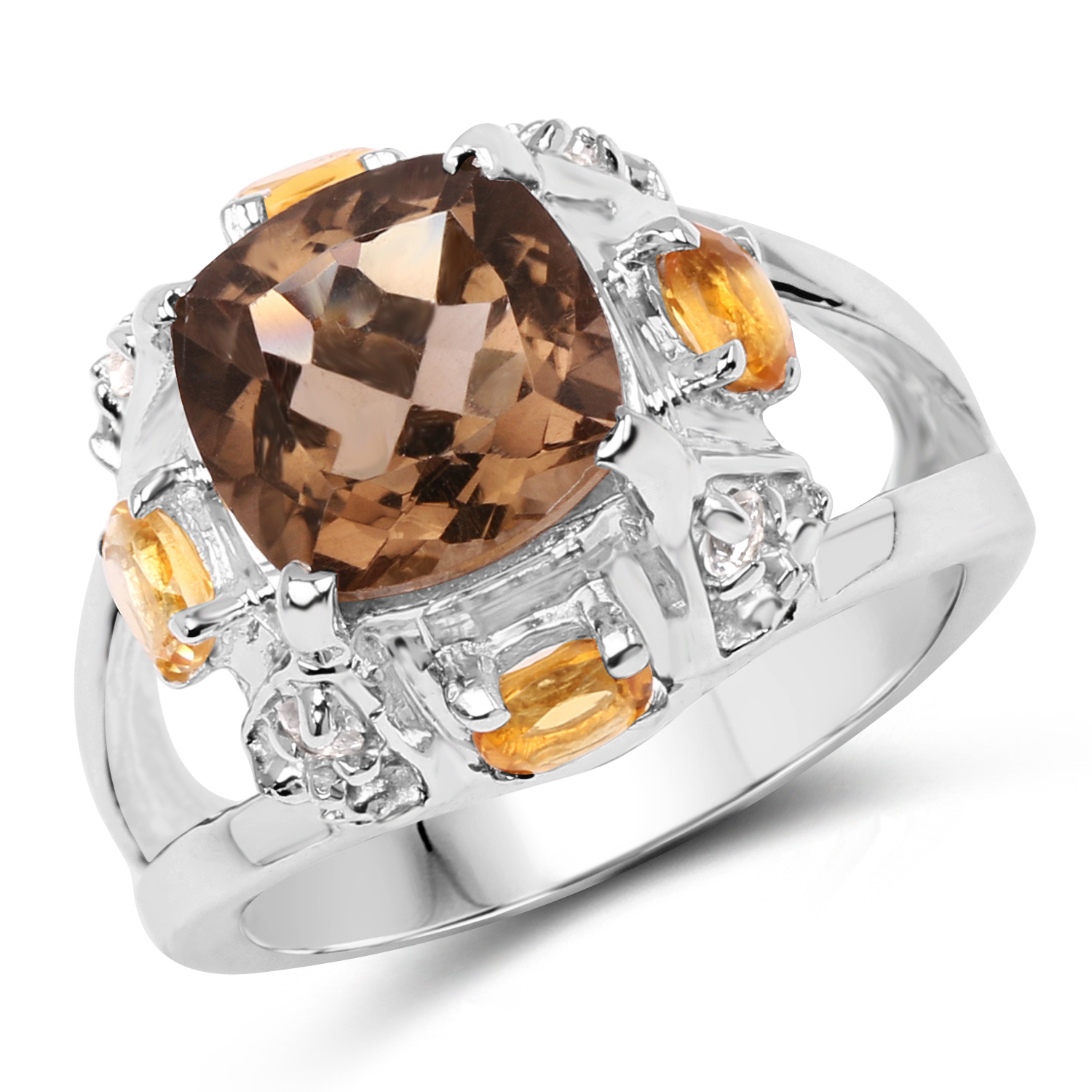 3.60 Carat Genuine Smoky Quartz, Citrine & White Topaz .925 Sterling Silver Ring
