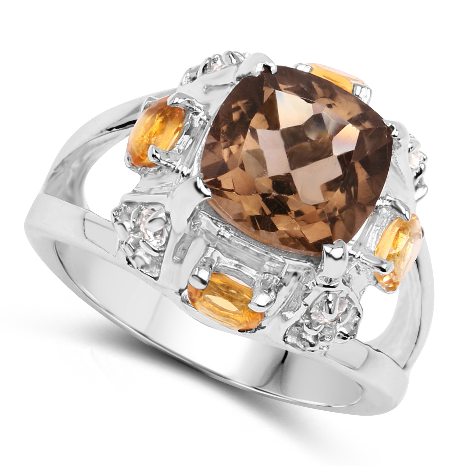 3.60 Carat Genuine Smoky Quartz, Citrine & White Topaz .925 Sterling Silver Ring