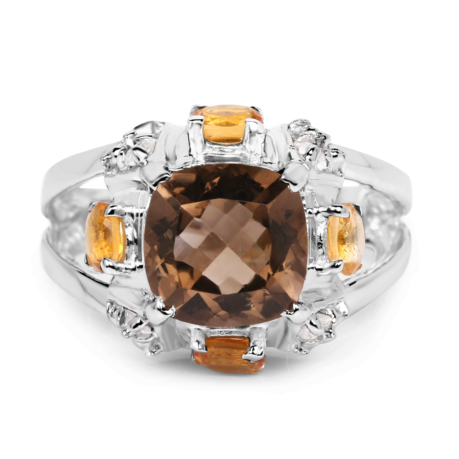 3.60 Carat Genuine Smoky Quartz, Citrine & White Topaz .925 Sterling Silver Ring
