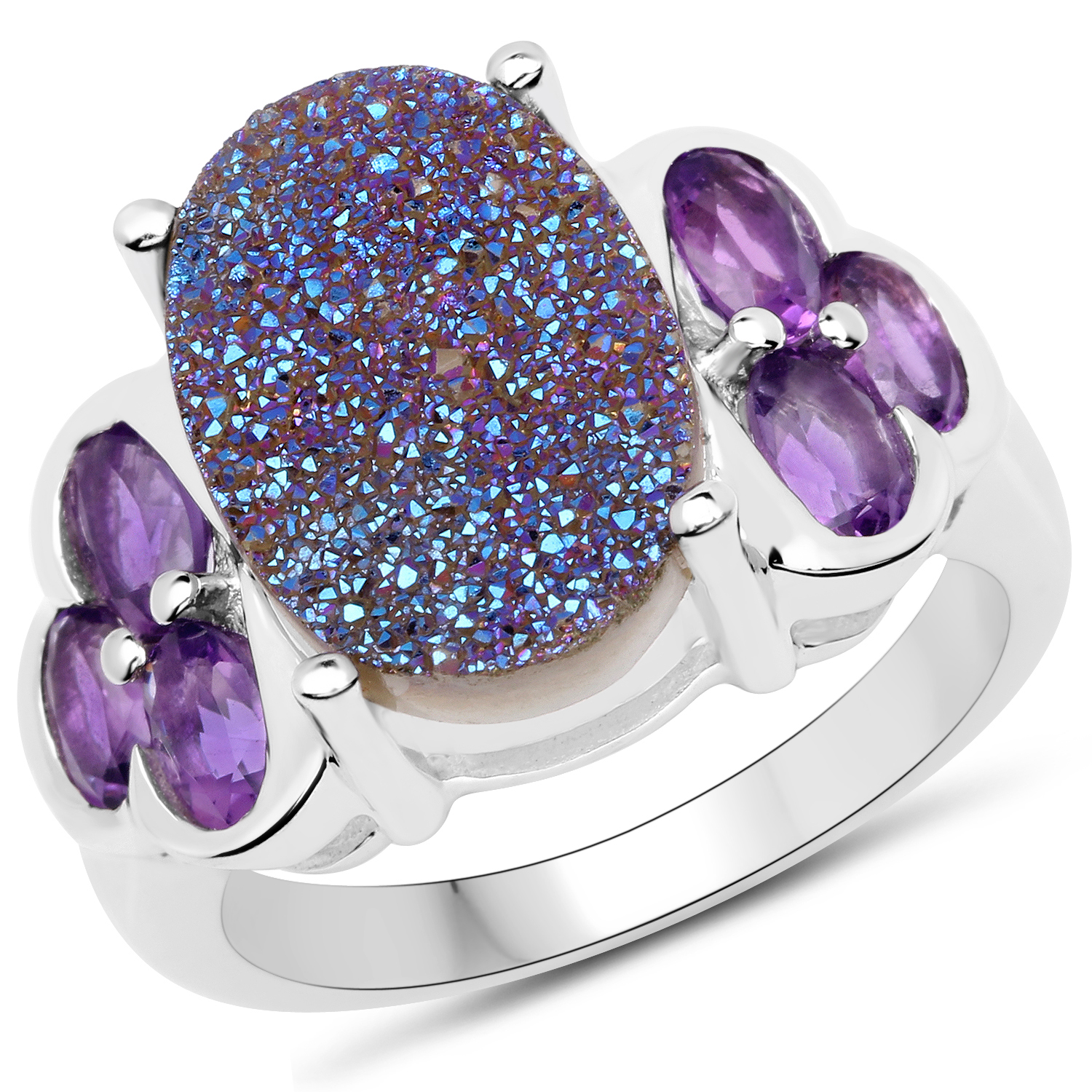 5.56 Carat Genuine Drusy Quartz and Amethyst .925 Sterling Silver Ring