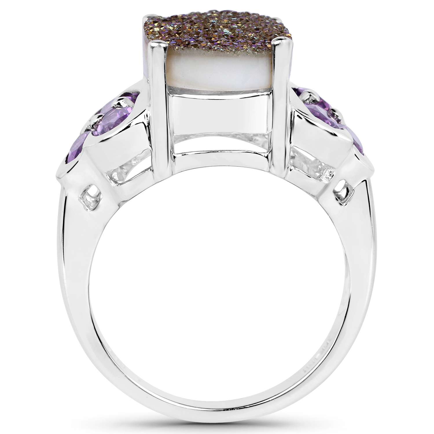 5.56 Carat Genuine Drusy Quartz and Amethyst .925 Sterling Silver Ring