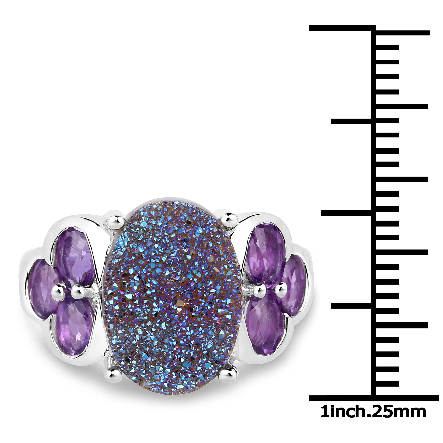 5.56 Carat Genuine Drusy Quartz and Amethyst .925 Sterling Silver Ring
