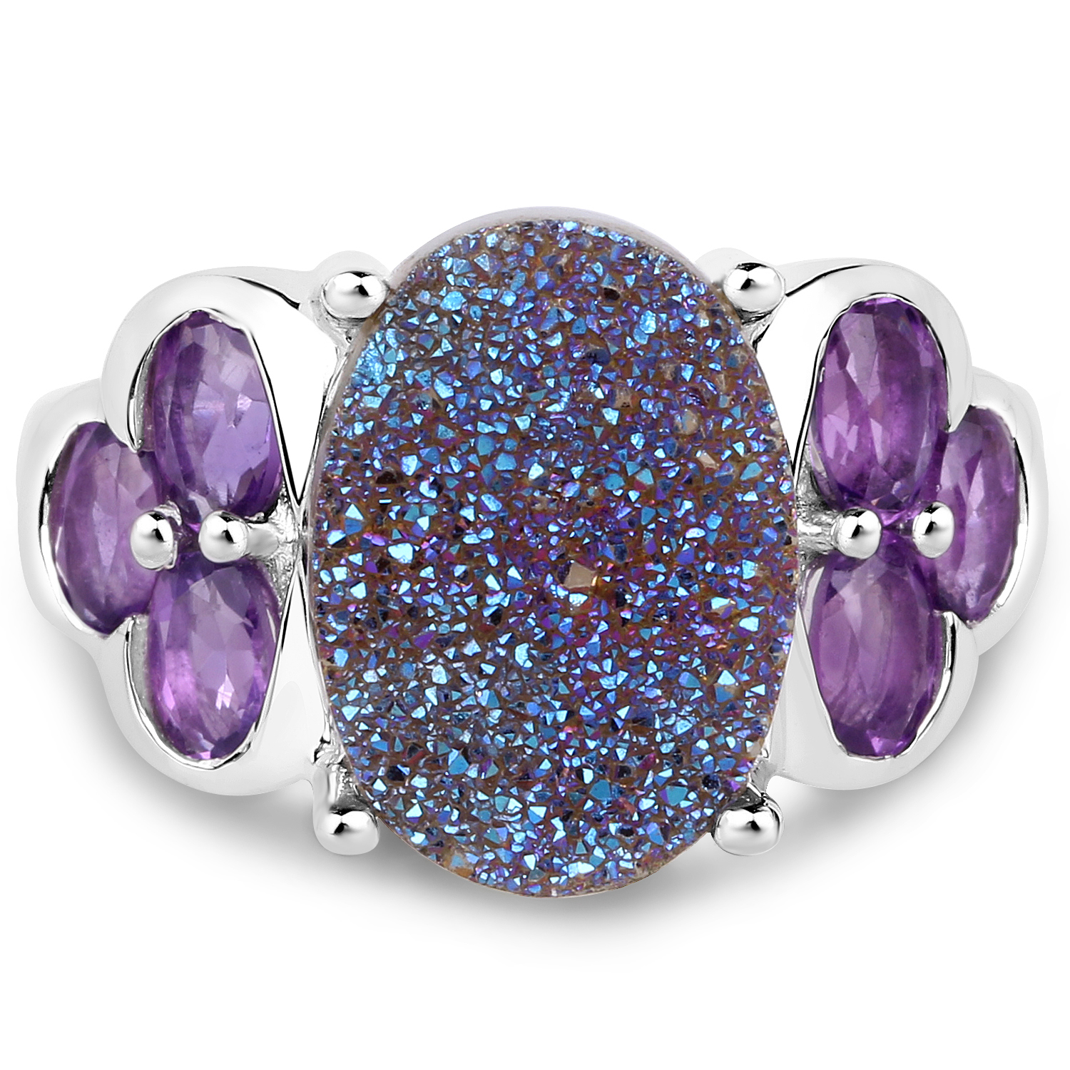 5.56 Carat Genuine Drusy Quartz and Amethyst .925 Sterling Silver Ring