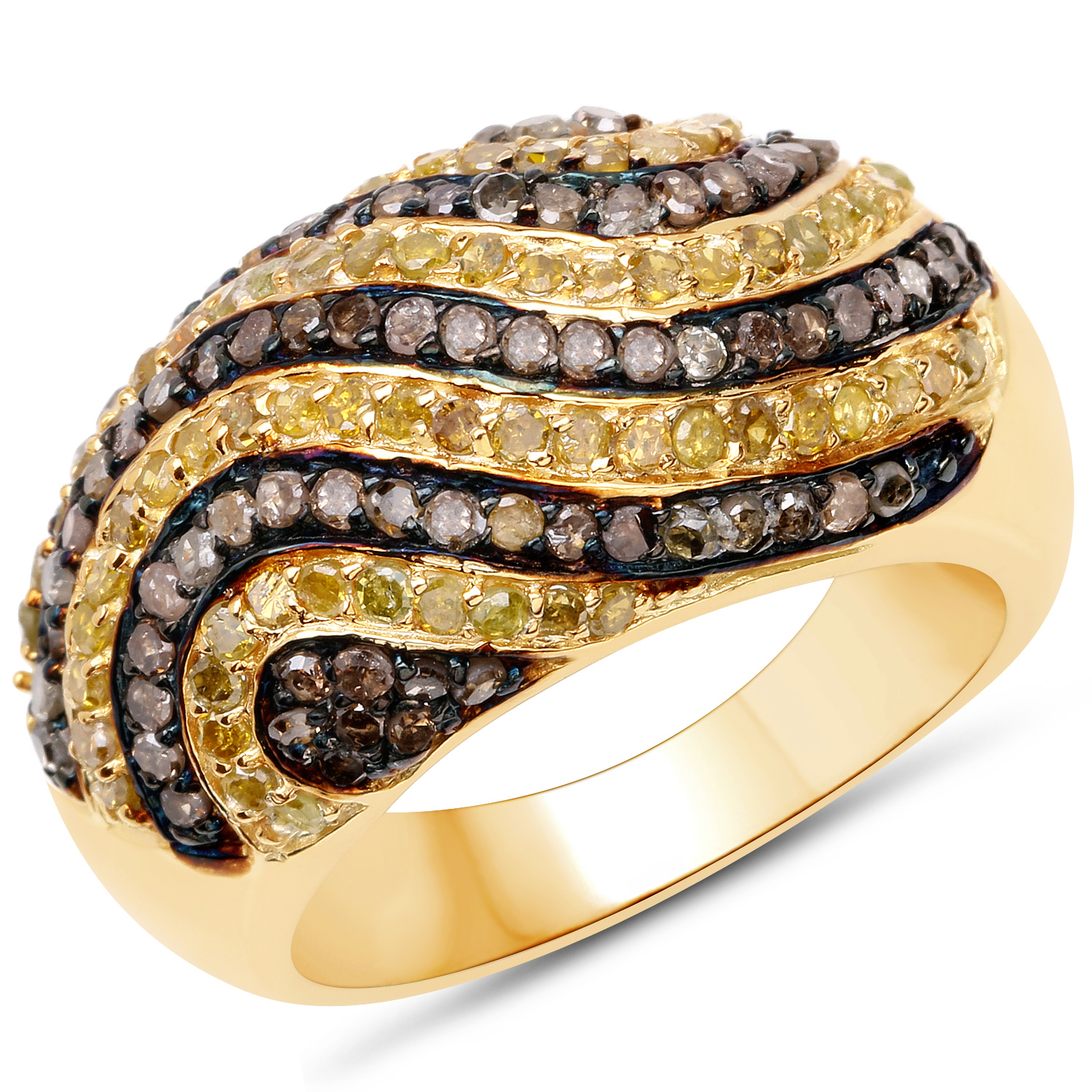 14K Yellow Gold Plated 1.19 Carat Genuine Champagne Diamond and Yellow Diamond .925 Sterling Silver Ring