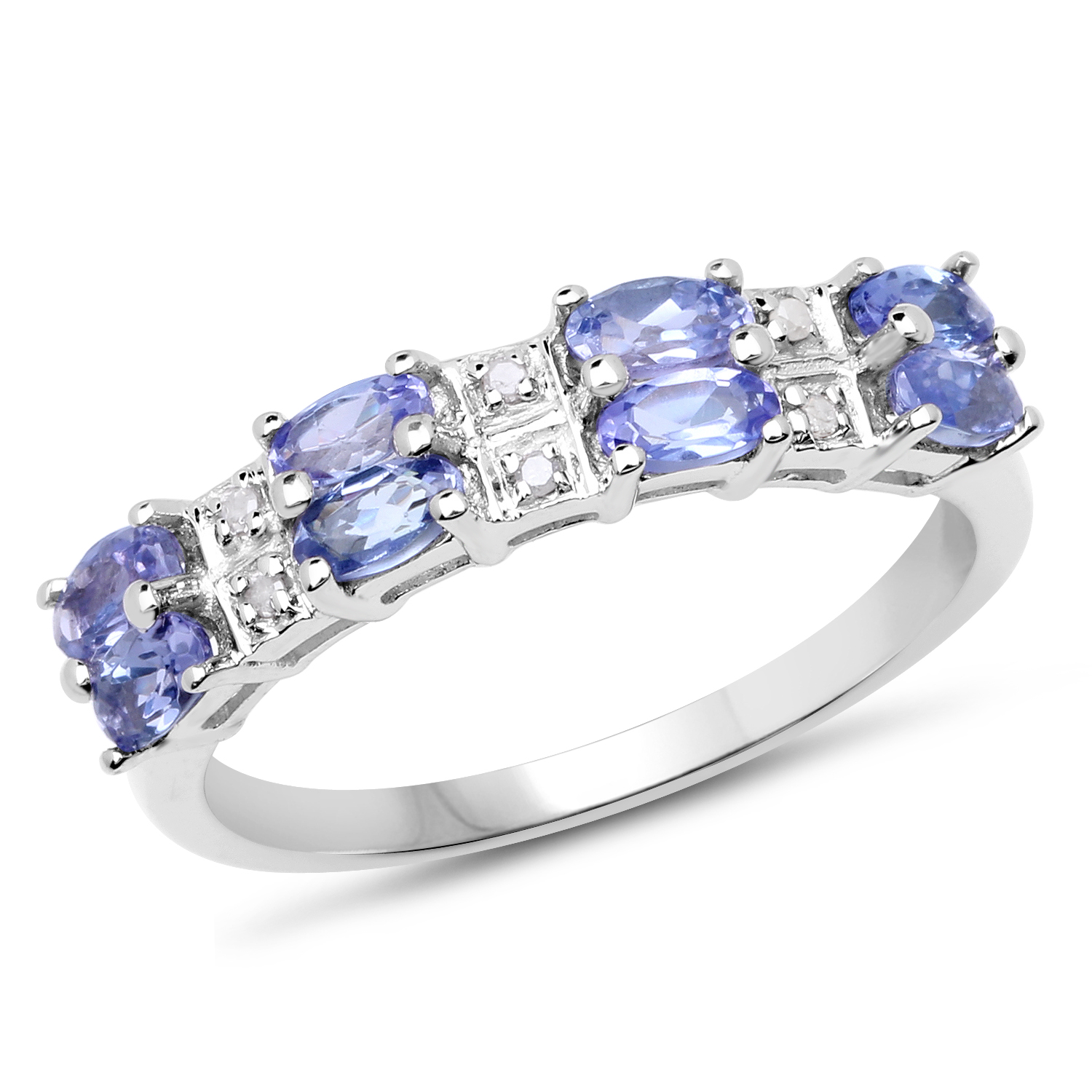 14K White Gold Plated 0.99 Carat Genuine Tanzanite and White Topaz .925 Sterling Silver Ring
