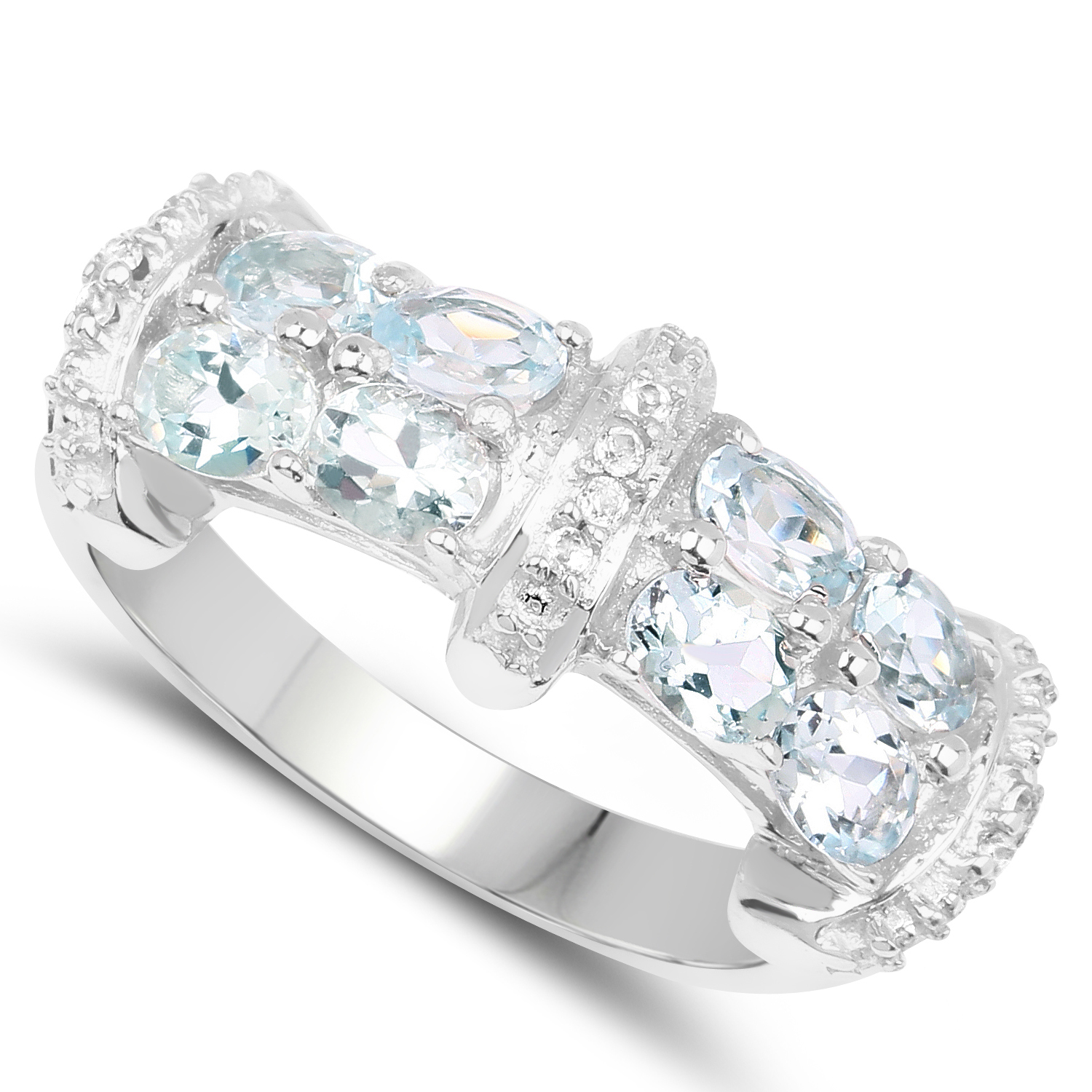 1.64 Carat Genuine Aquamarine and White Topaz .925 Sterling Silver Ring
