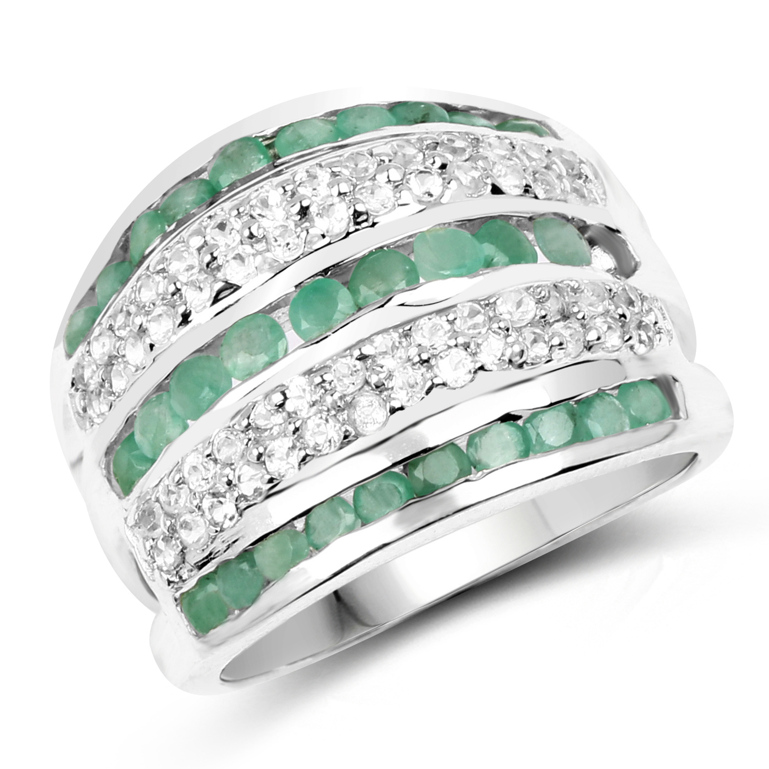 1.94 Carat Genuine Emerald and White Topaz .925 Sterling Silver Ring