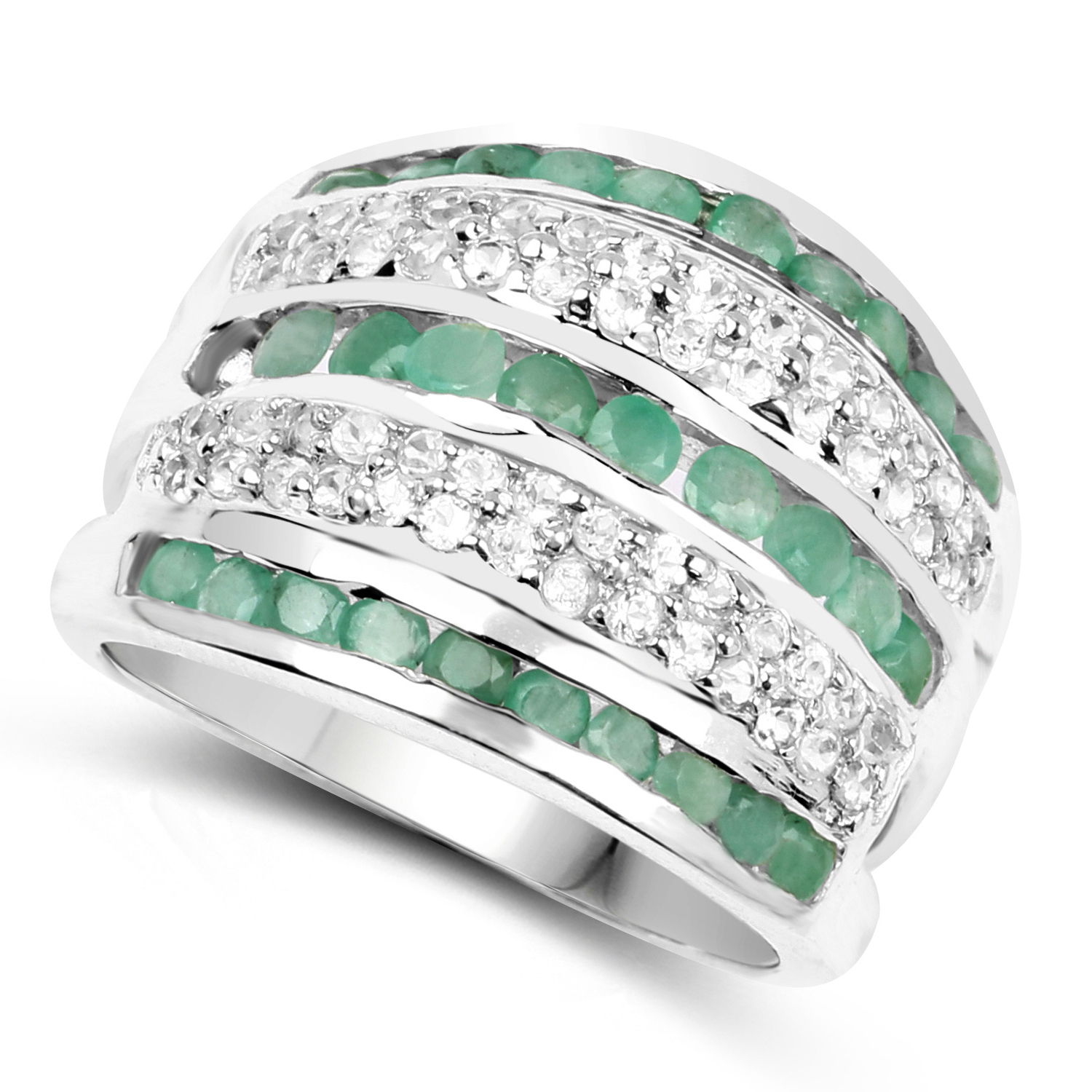 1.94 Carat Genuine Emerald and White Topaz .925 Sterling Silver Ring