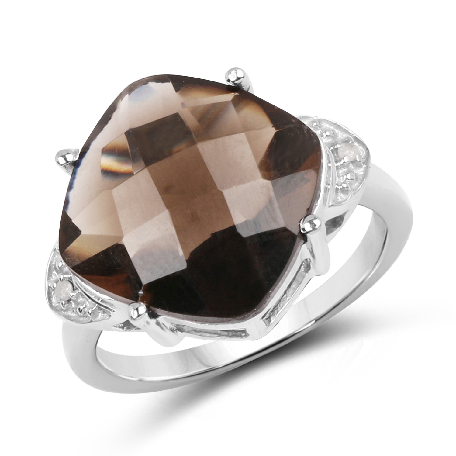 7.51 Carat Genuine Smoky Quartz and White Diamond .925 Sterling Silver Ring