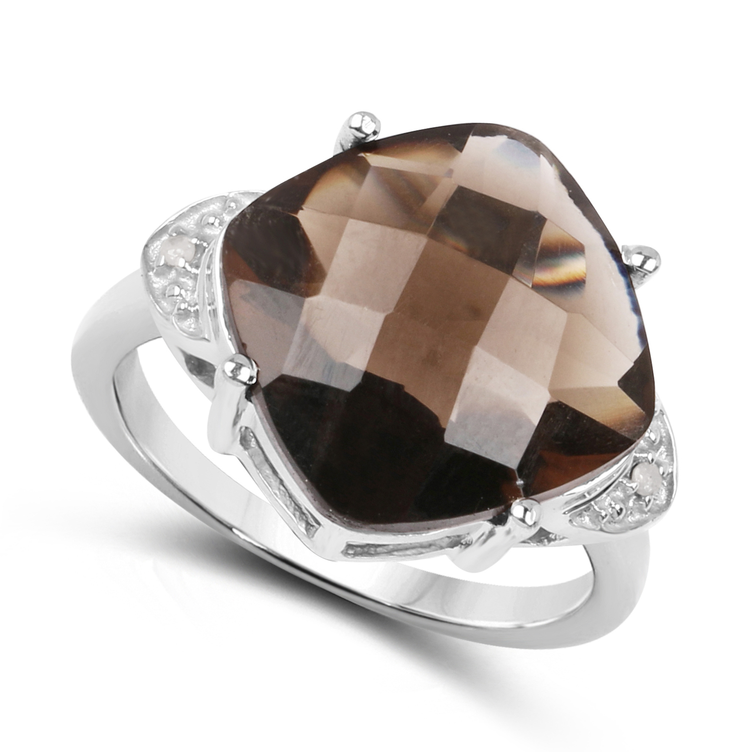 7.51 Carat Genuine Smoky Quartz and White Diamond .925 Sterling Silver Ring