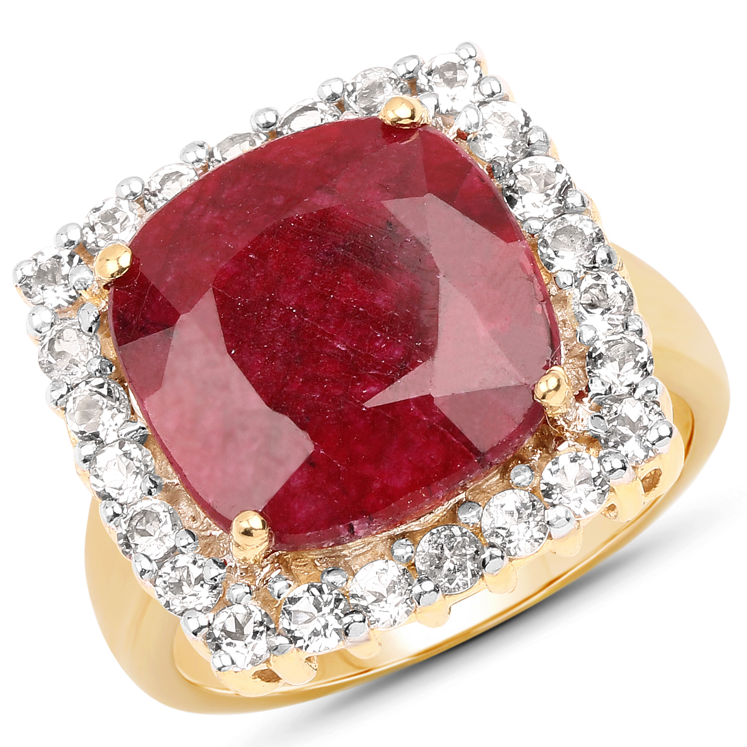 18K Yellow Gold Plated 8.21 Carat Dyed Ruby and White Topaz .925 Sterling Silver Ring