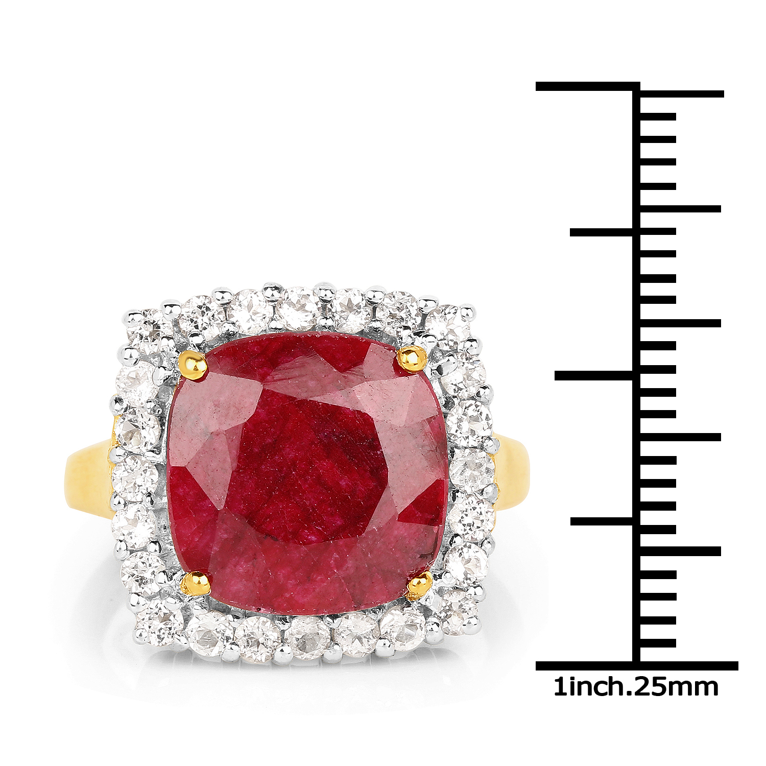 18K Yellow Gold Plated 8.21 Carat Dyed Ruby and White Topaz .925 Sterling Silver Ring