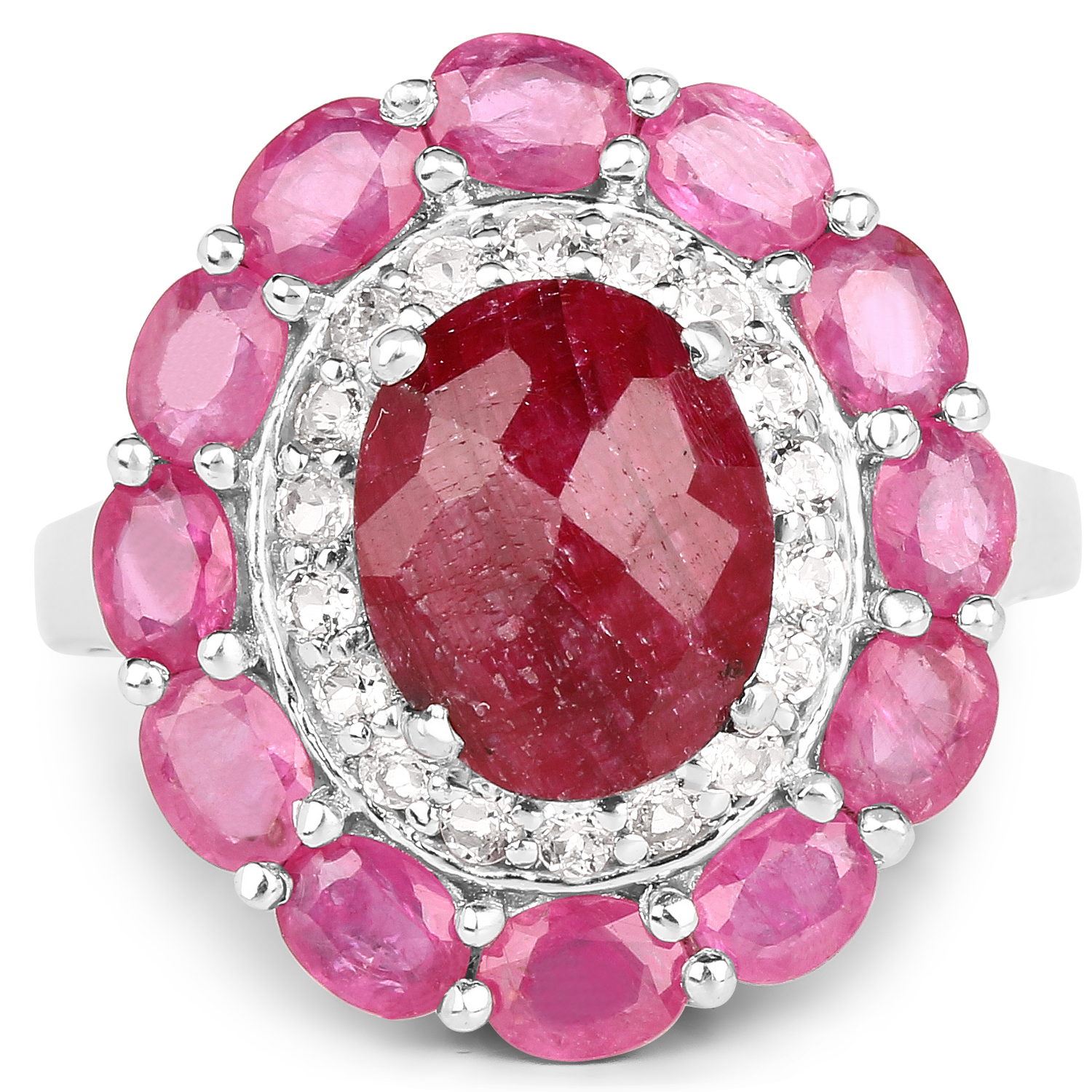 6.01 Carat Dyed Ruby, Ruby and White Topaz .925 Sterling Silver Ring