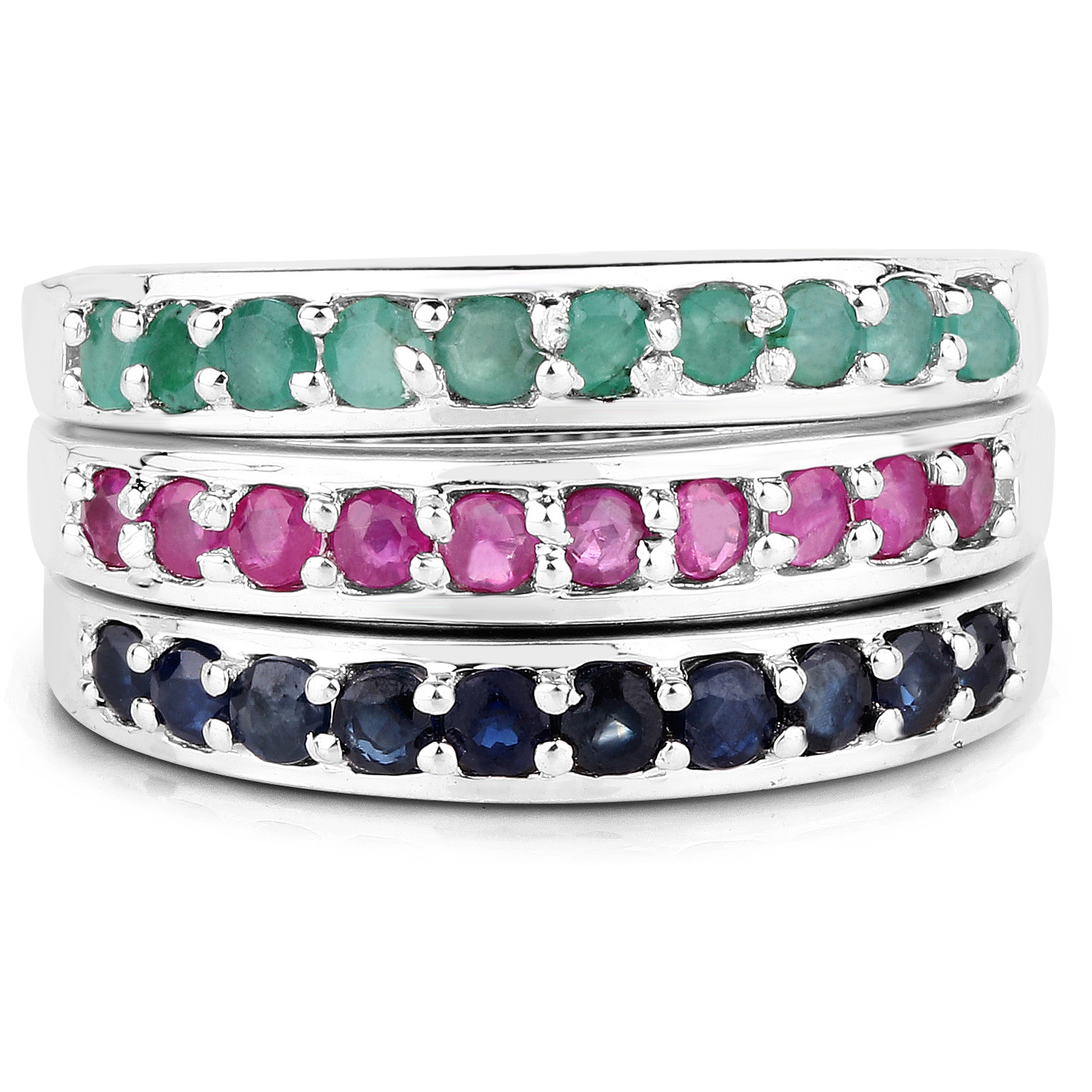 1.15 Carat Genuine Emerald, Ruby & Blue Sapphire .925 Sterling Silver Ring