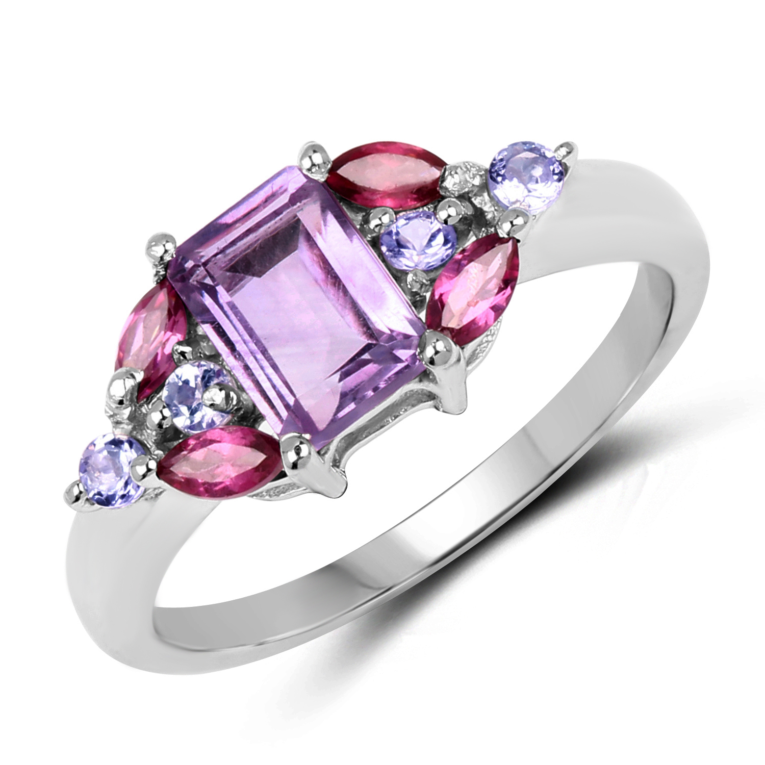 1.43 Carat Genuine Amethyst, Rhodolite & Tanzanite .925 Sterling Silver Ring
