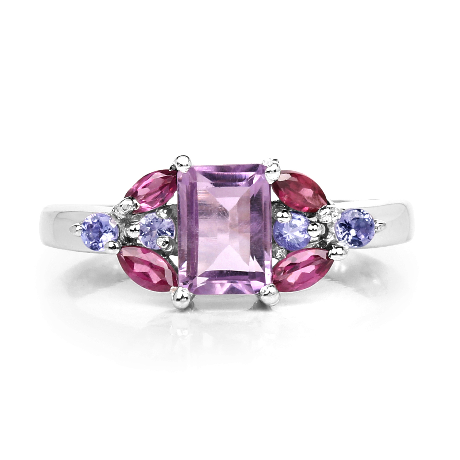 1.43 Carat Genuine Amethyst, Rhodolite & Tanzanite .925 Sterling Silver Ring