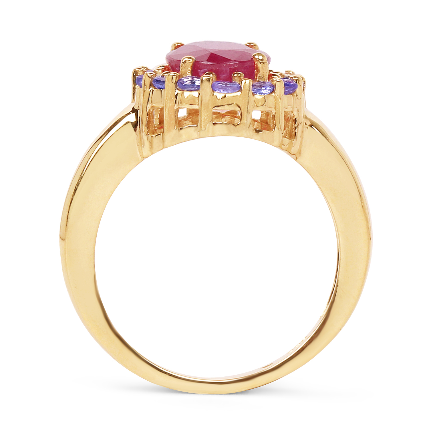 14K Yellow Gold Plated 2.79 Carat Glass Filled Ruby and Tanzanite .925 Sterling Silver Ring
