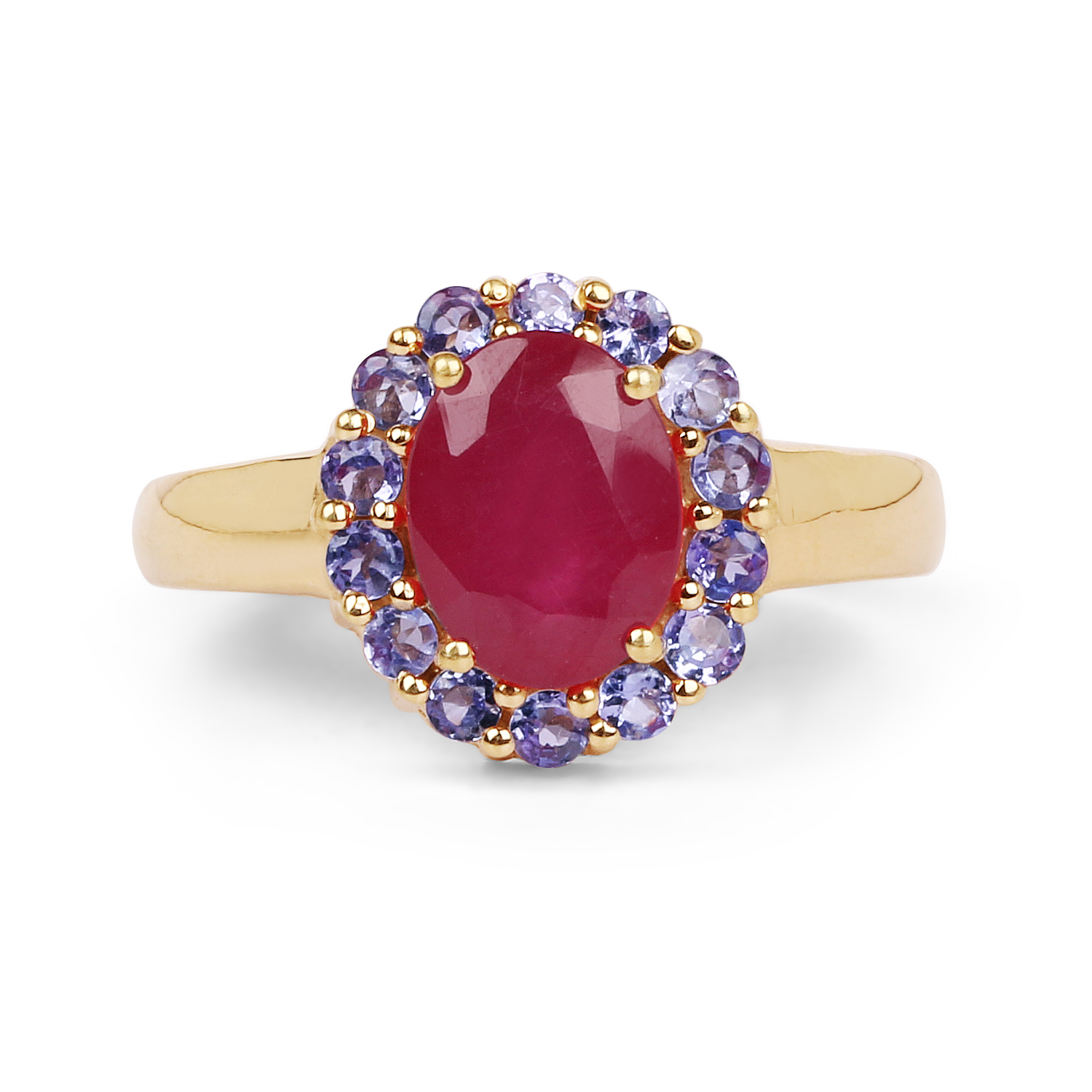 14K Yellow Gold Plated 2.79 Carat Glass Filled Ruby and Tanzanite .925 Sterling Silver Ring
