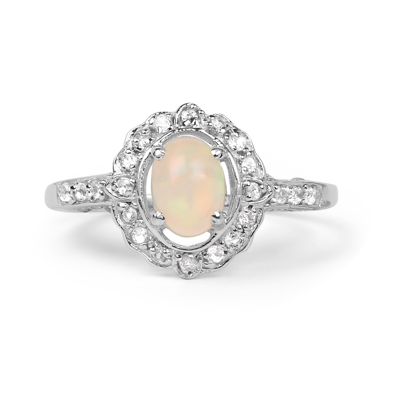0.96 Carat Genuine Ethiopian Opal and White Topaz .925 Sterling Silver Ring