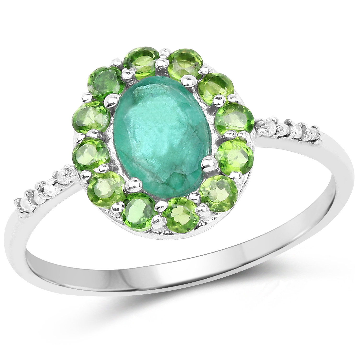 1.16 Carat Genuine Emerald, Chrome Diopside & White Diamond 10K White Gold Ring