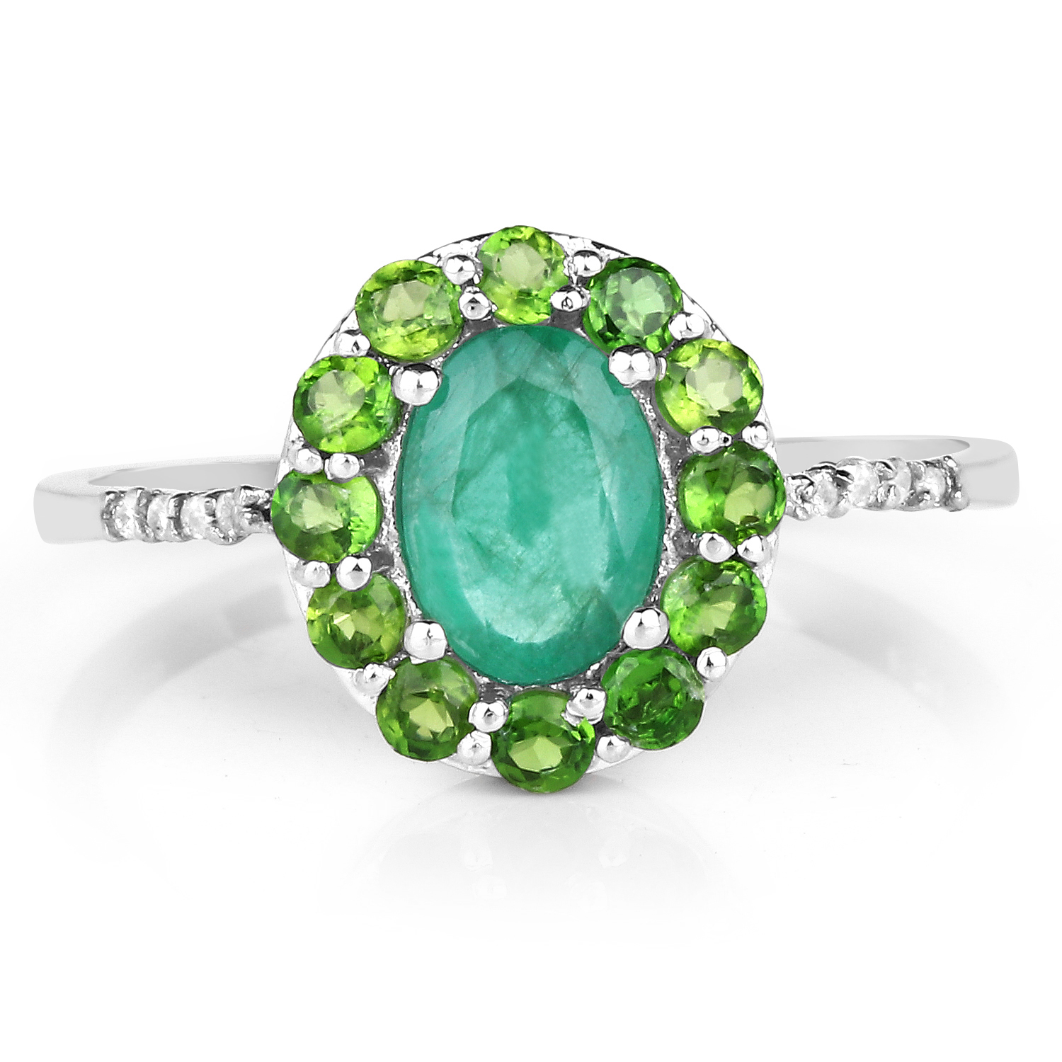 1.16 Carat Genuine Emerald, Chrome Diopside & White Diamond 10K White Gold Ring