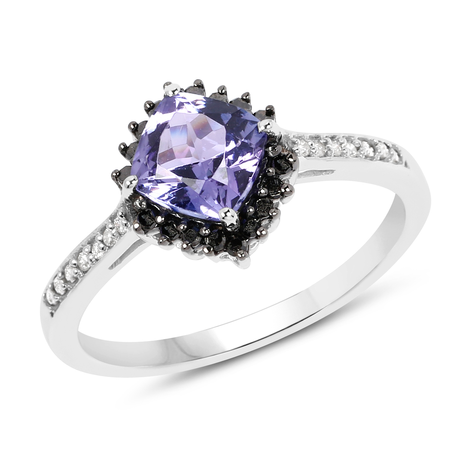 1.10 Carat Genuine Tanzanite, Black Diamond & White Diamond 10K White Gold Ring