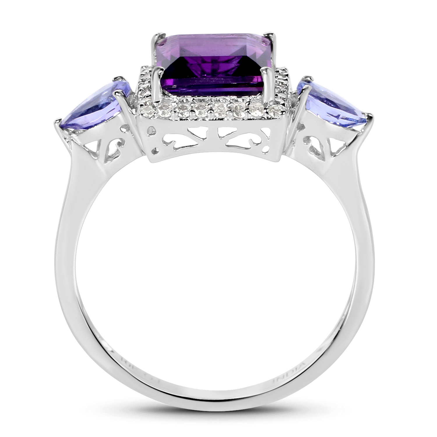 2.07 Carat Genuine Amethyst, Tanzanite and White Diamond 10K White Gold Ring