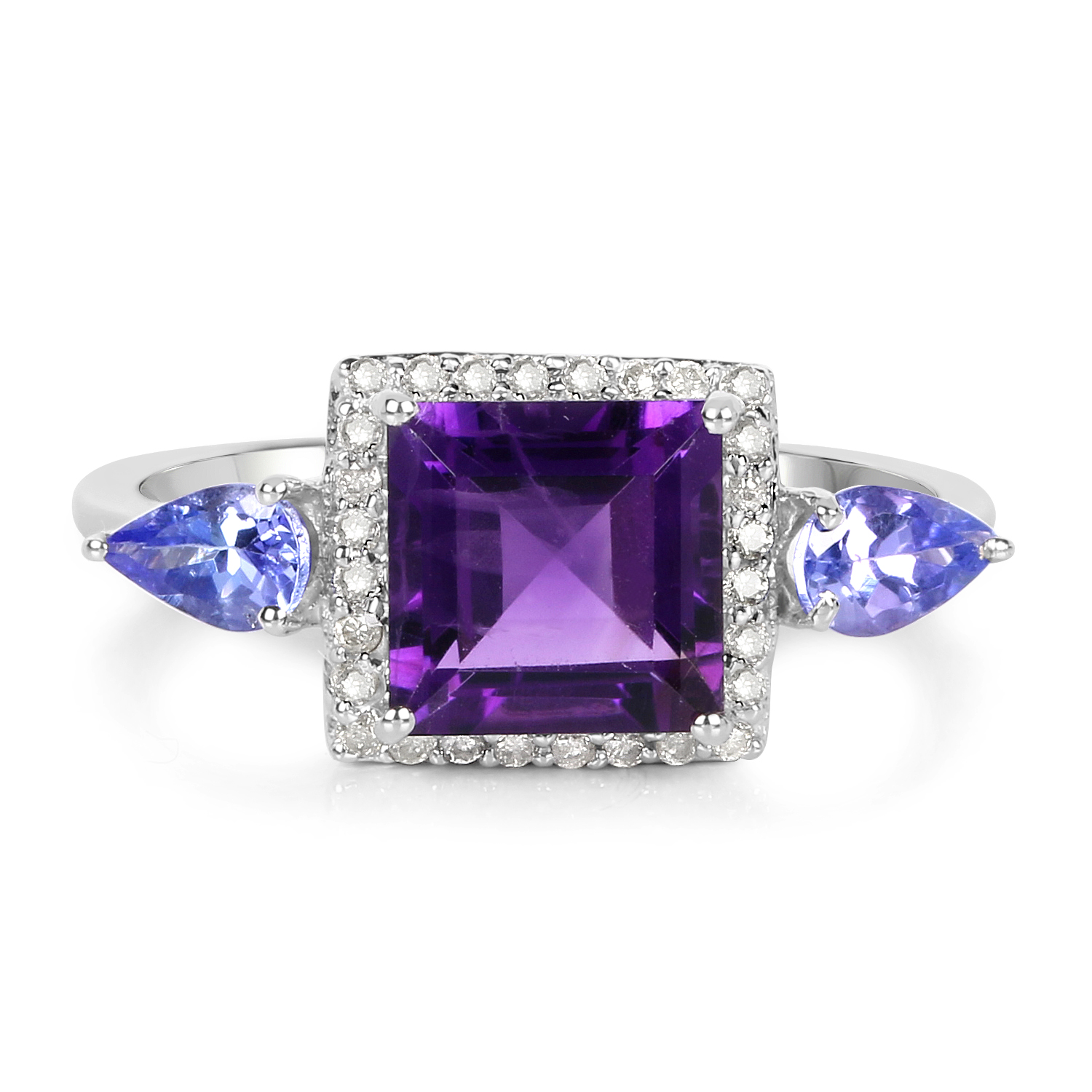 2.07 Carat Genuine Amethyst, Tanzanite and White Diamond 10K White Gold Ring