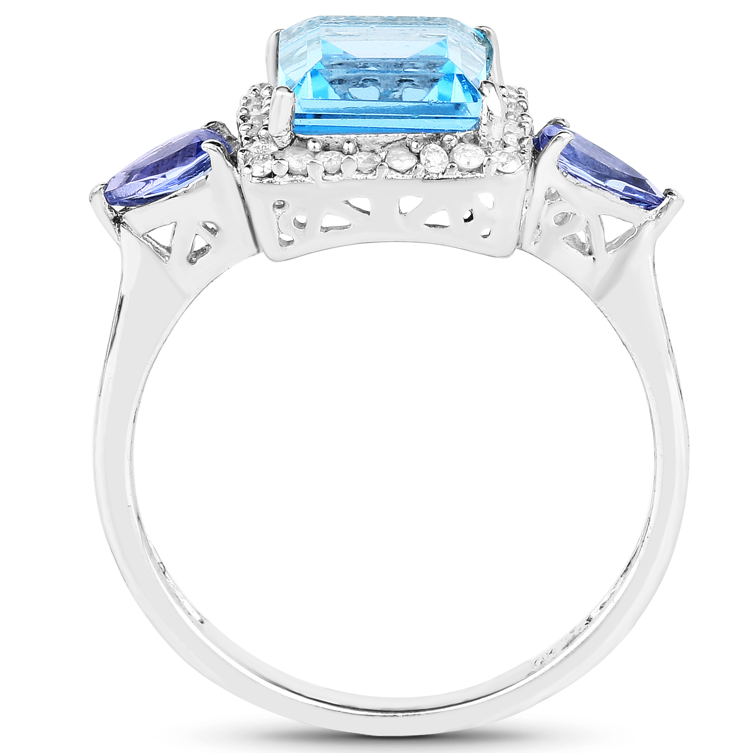 2.57 Carat Genuine Swiss Blue Topaz, Tanzanite & White Diamond 10K White Gold Ring