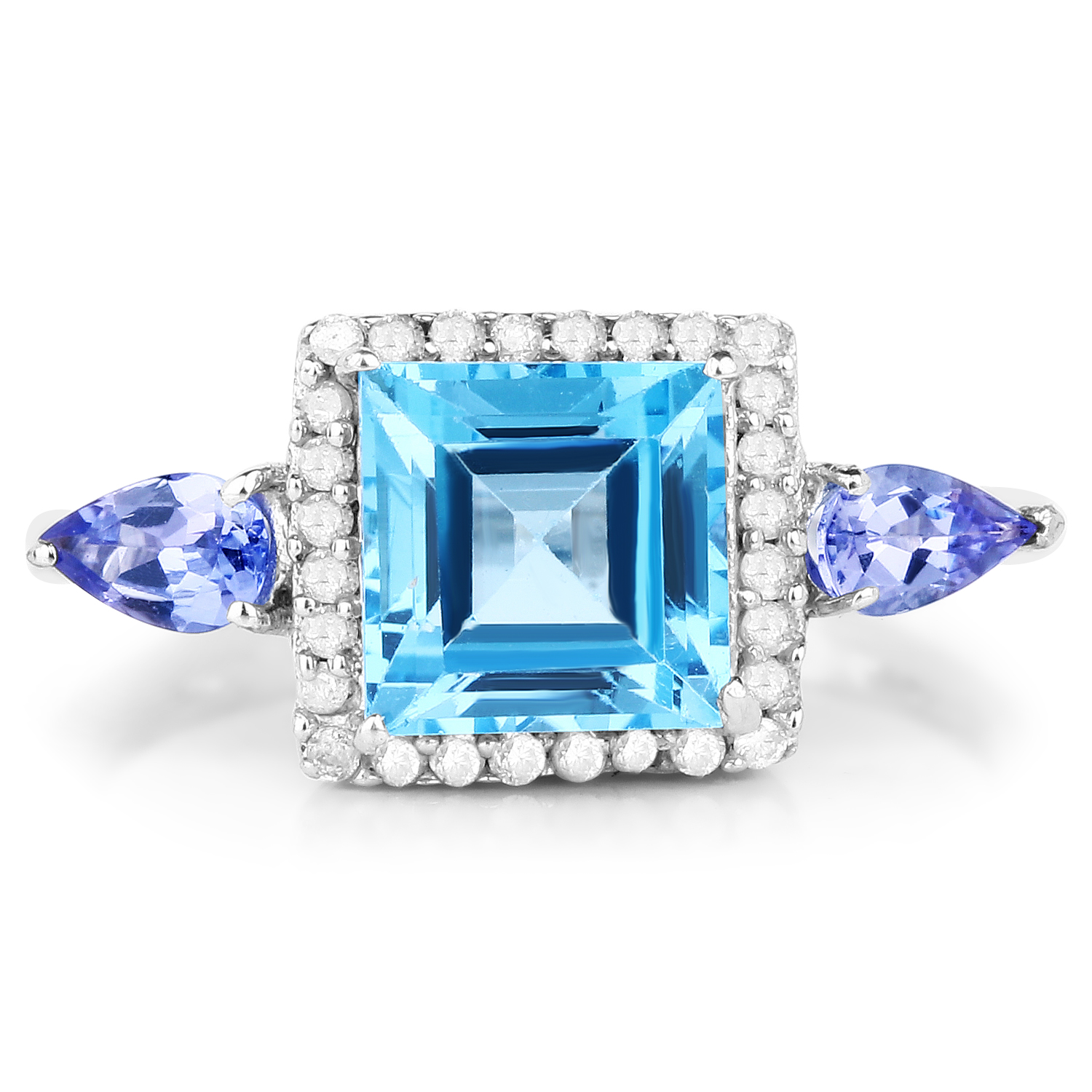 2.57 Carat Genuine Swiss Blue Topaz, Tanzanite & White Diamond 10K White Gold Ring