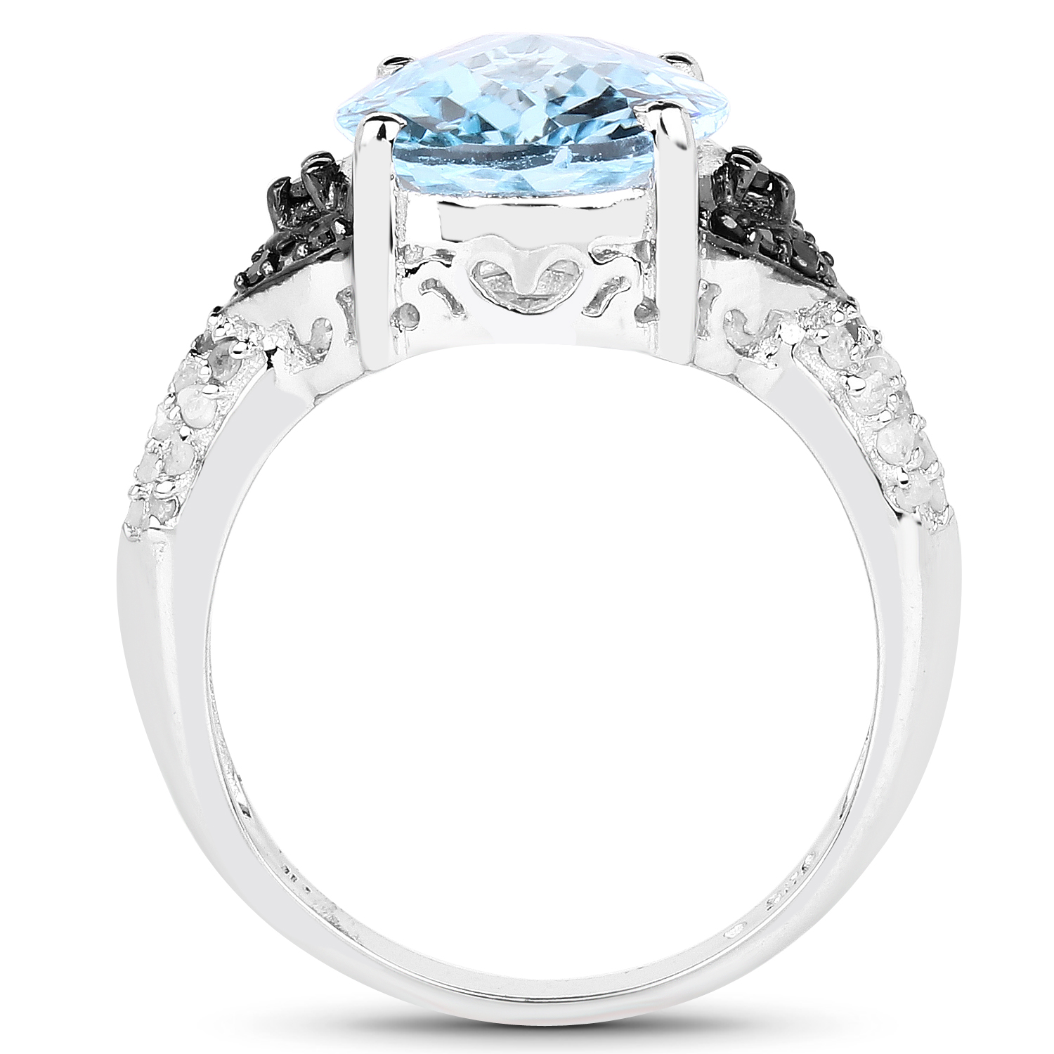 5.37 Carat Genuine Swiss Blue Topaz, Black Diamond & White Topaz .925 Sterling Silver Ring