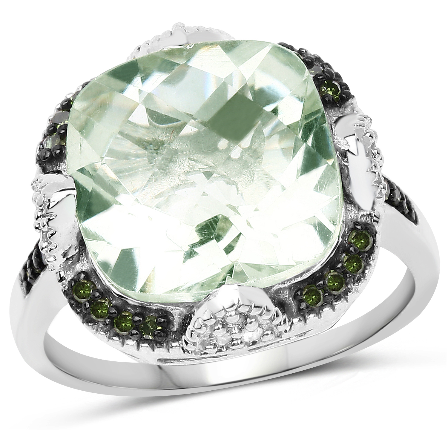 6.07 Carat Genuine Green Amethyst, Green Diamond & White Diamond .925 Sterling Silver Ring