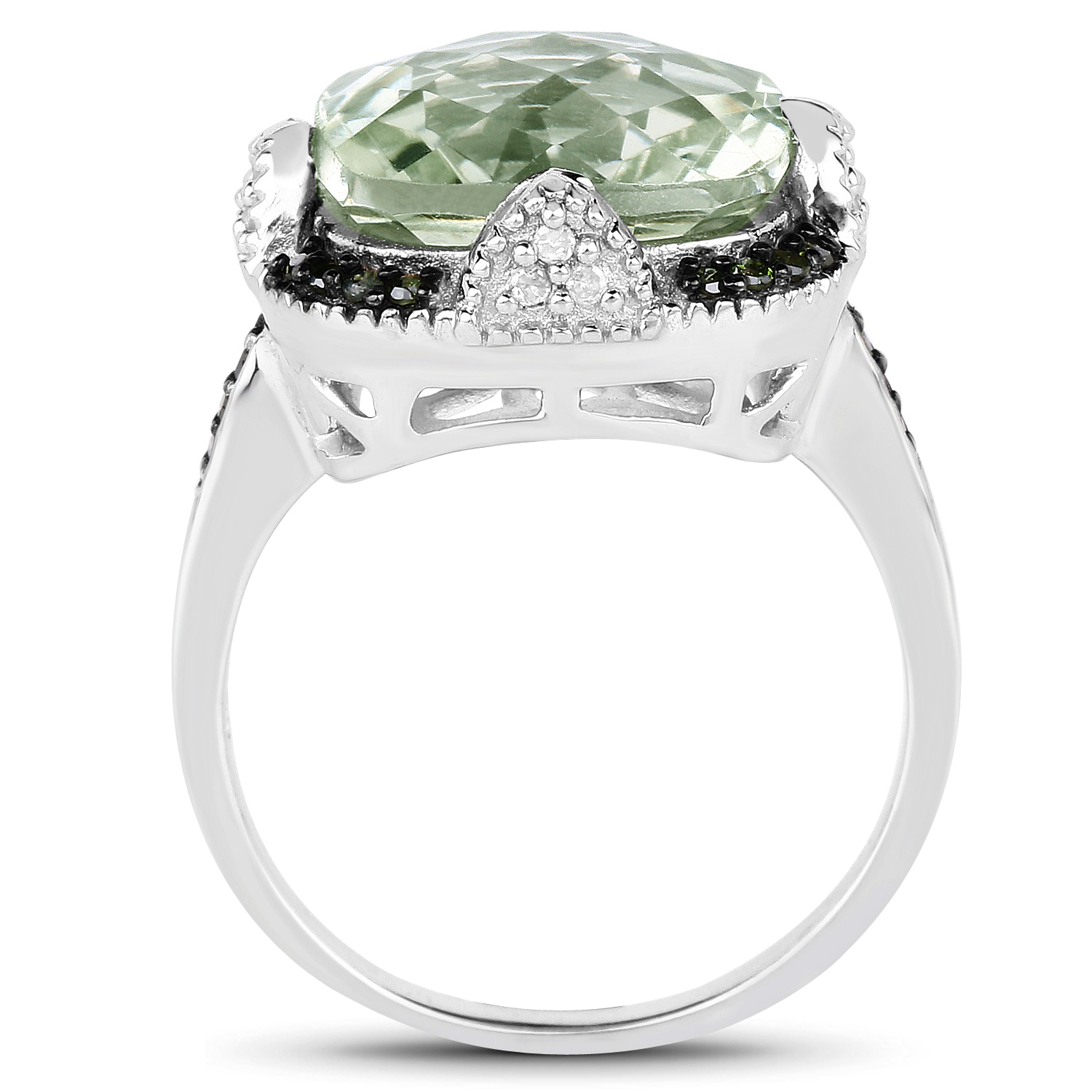 6.07 Carat Genuine Green Amethyst, Green Diamond & White Diamond .925 Sterling Silver Ring