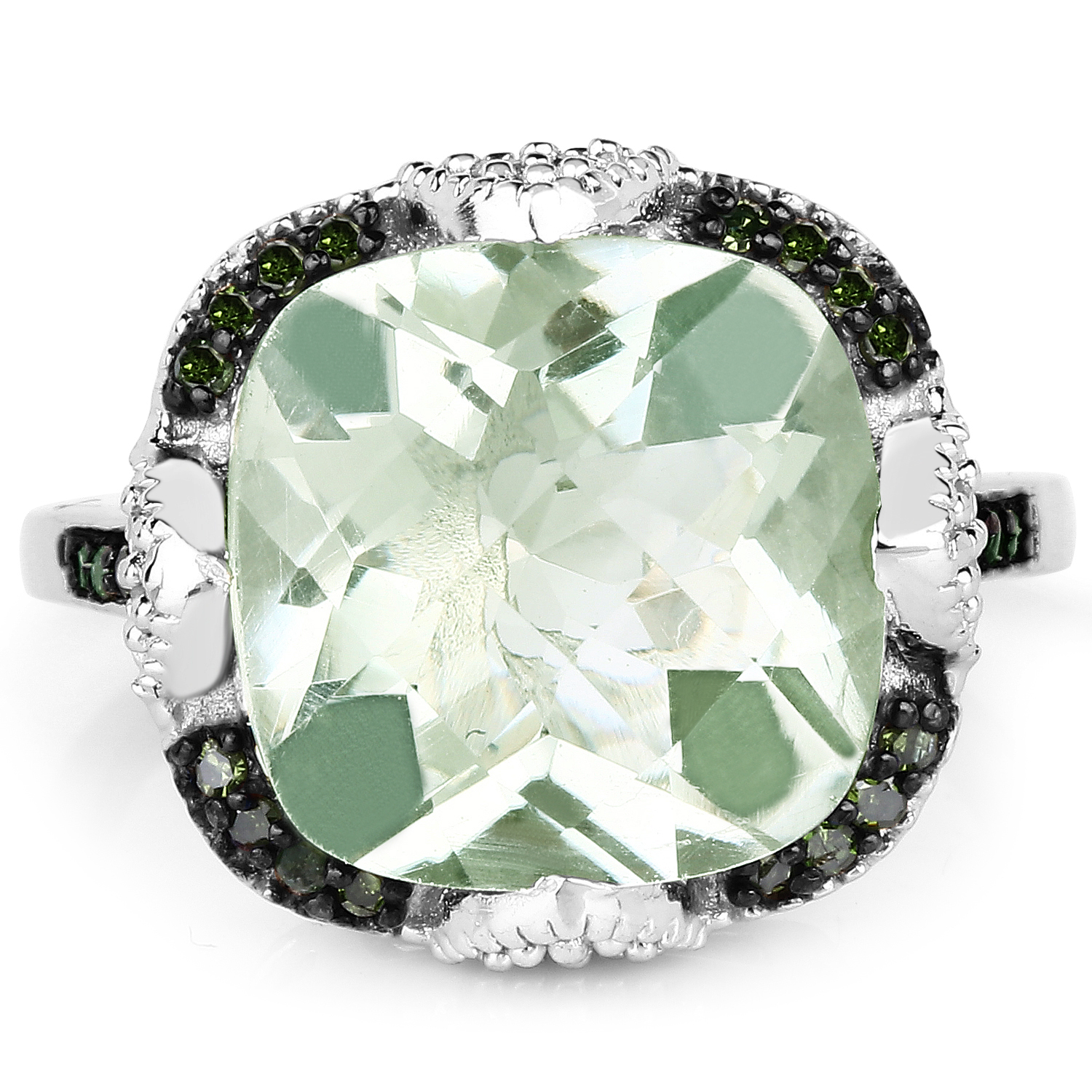 6.07 Carat Genuine Green Amethyst, Green Diamond & White Diamond .925 Sterling Silver Ring
