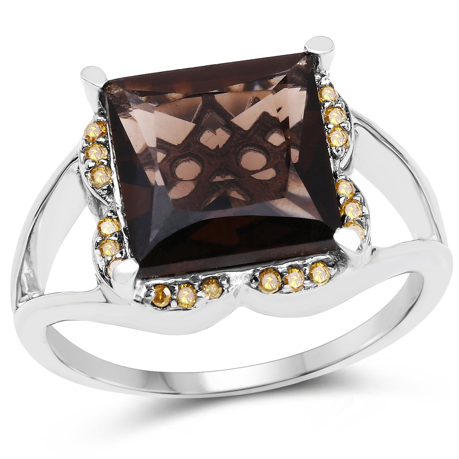 4.73 Carat Genuine Smoky Quartz and Yellow Diamond .925 Sterling Silver Ring