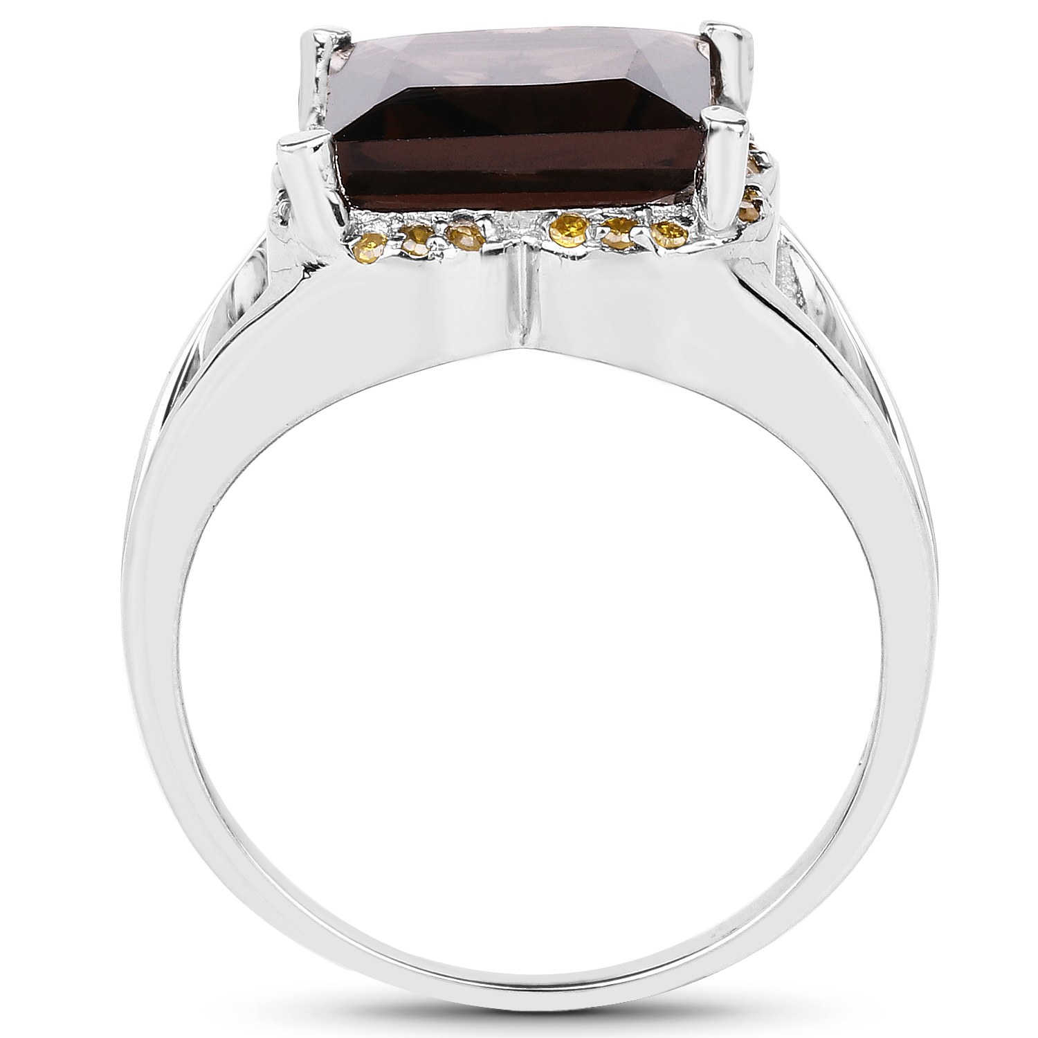 4.73 Carat Genuine Smoky Quartz and Yellow Diamond .925 Sterling Silver Ring