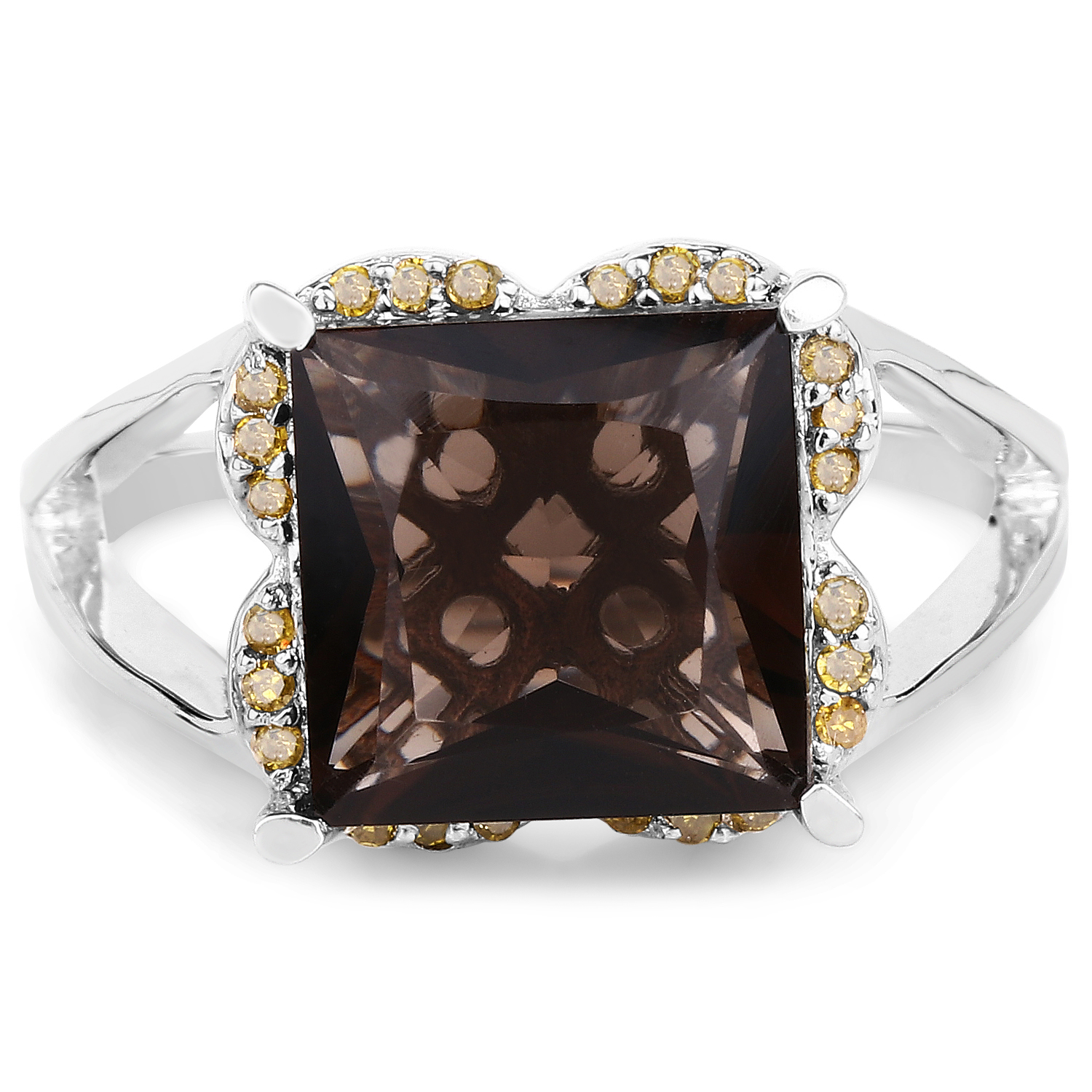 4.73 Carat Genuine Smoky Quartz and Yellow Diamond .925 Sterling Silver Ring