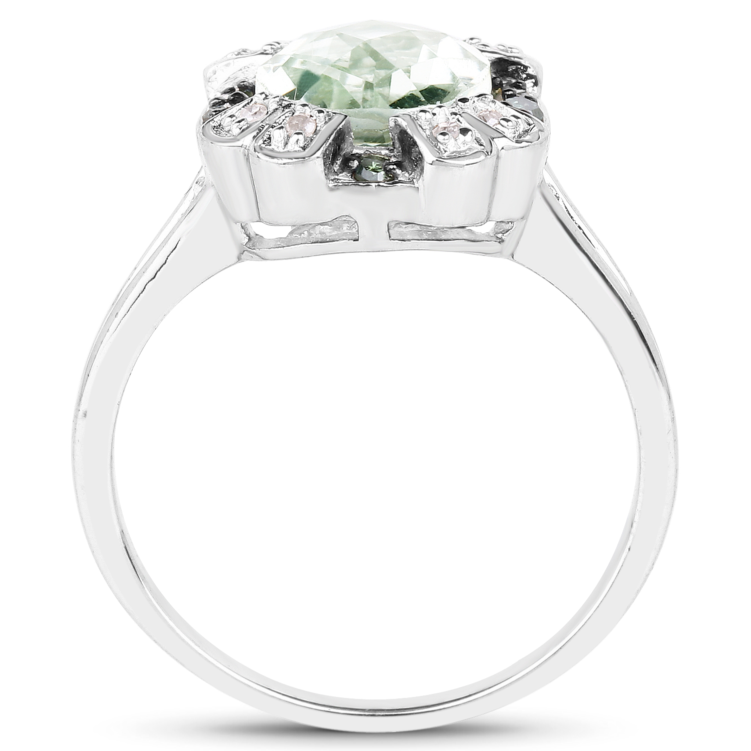 2.82 Carat Genuine Green Amethyst, Green Diamond & White Diamond .925 Sterling Silver Ring