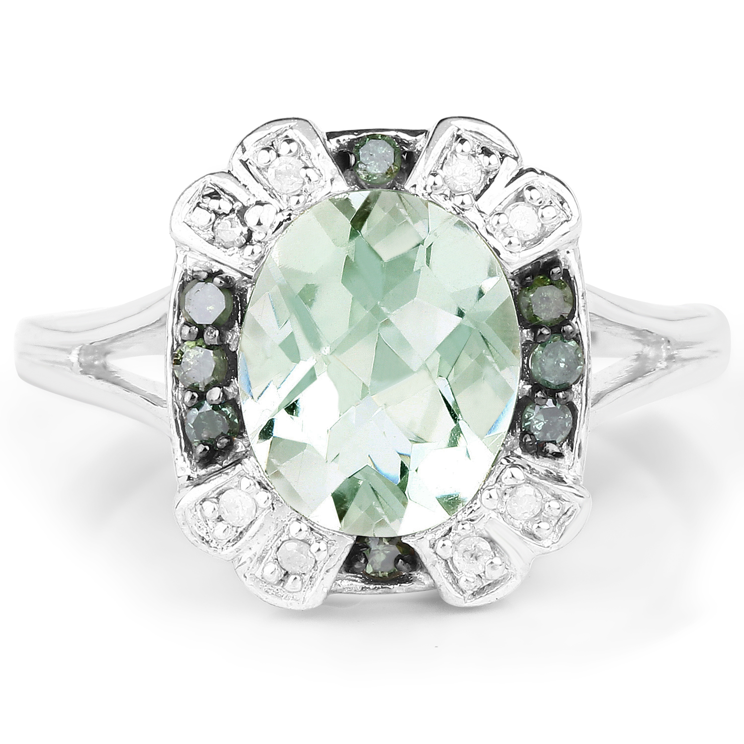 2.82 Carat Genuine Green Amethyst, Green Diamond & White Diamond .925 Sterling Silver Ring