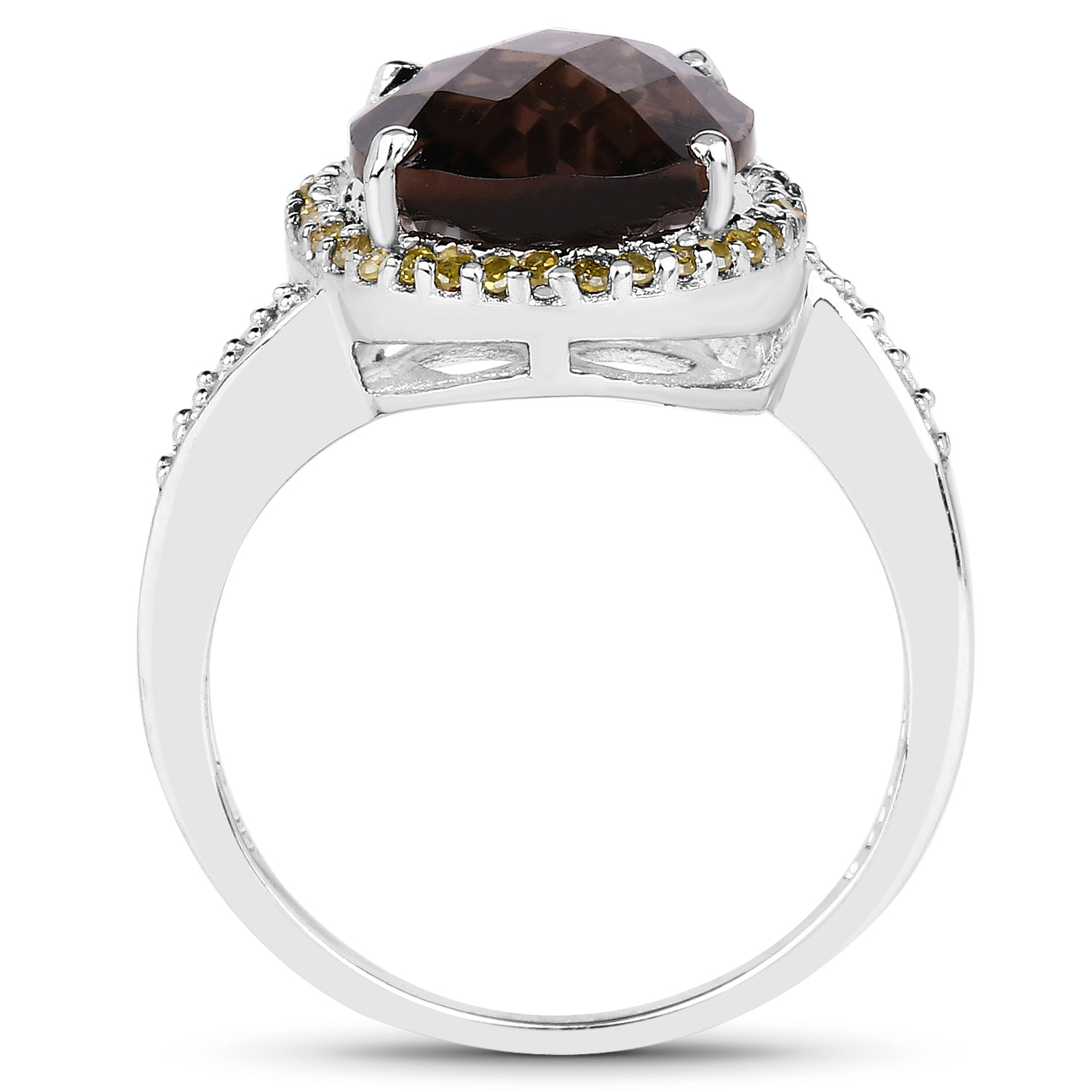 4.85 Carat Genuine Smoky Quartz, Yellow Diamond & White Diamond .925 Sterling Silver Ring