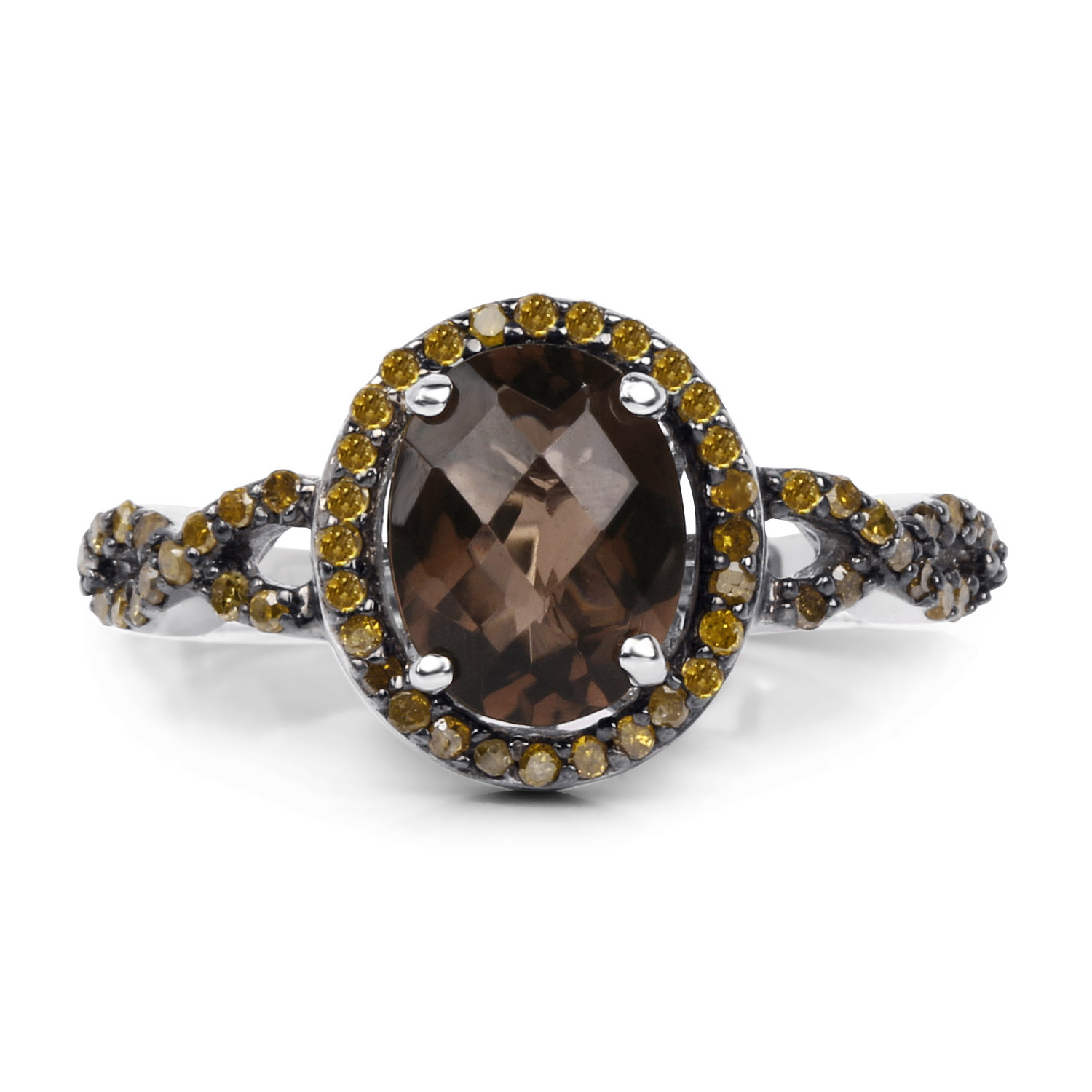 1.91 Carat Genuine Smoky Quartz & Yellow Diamond .925 Sterling Silver Ring