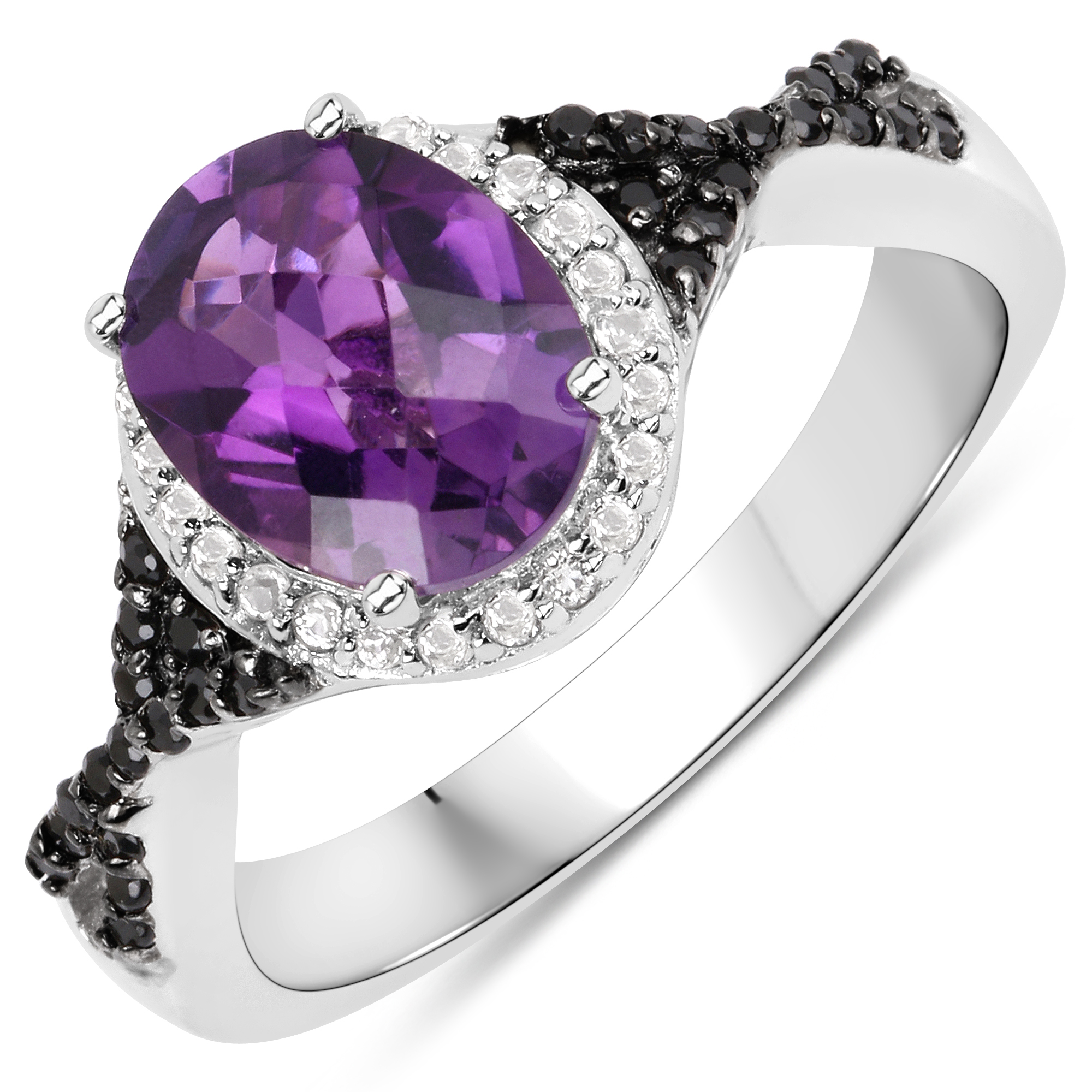 1.68 Carat Genuine Amethyst, Black Spinel and White Topaz .925 Sterling Silver Ring