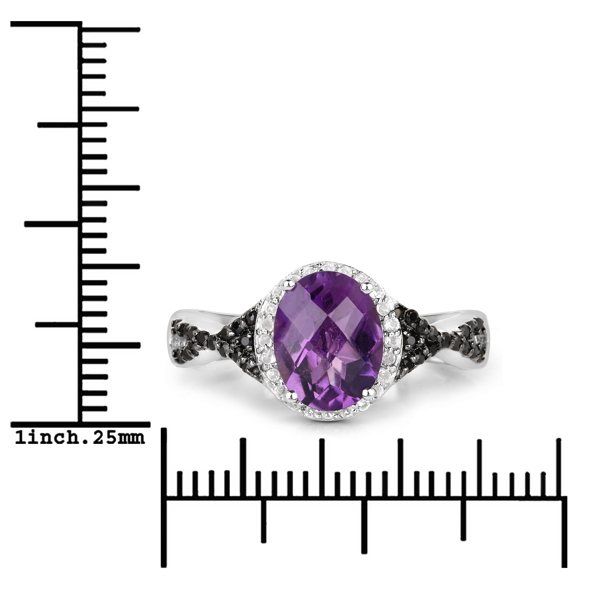 1.68 Carat Genuine Amethyst, Black Spinel and White Topaz .925 Sterling Silver Ring