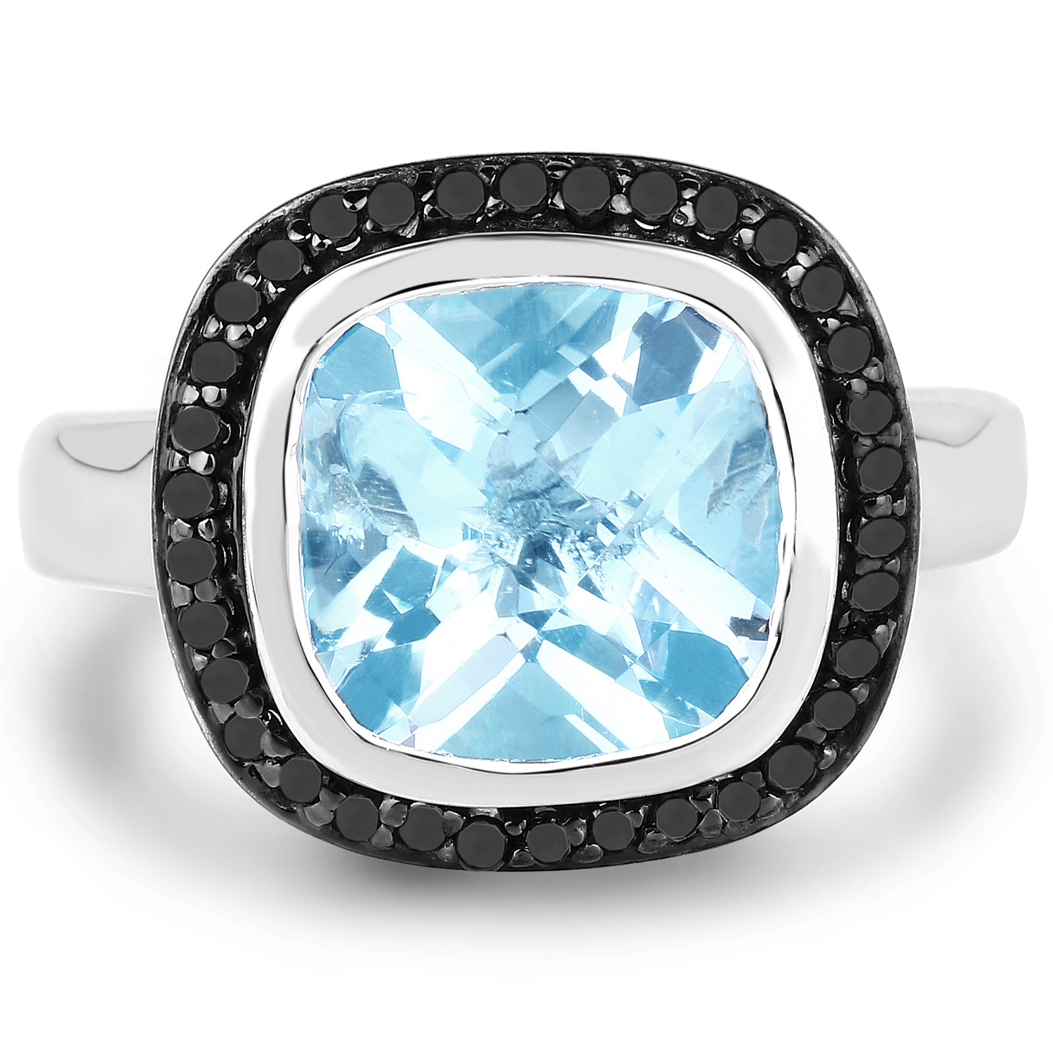 5.23 Carat Genuine Baby Swiss Blue Topaz and Black Diamond .925 Sterling Silver Ring