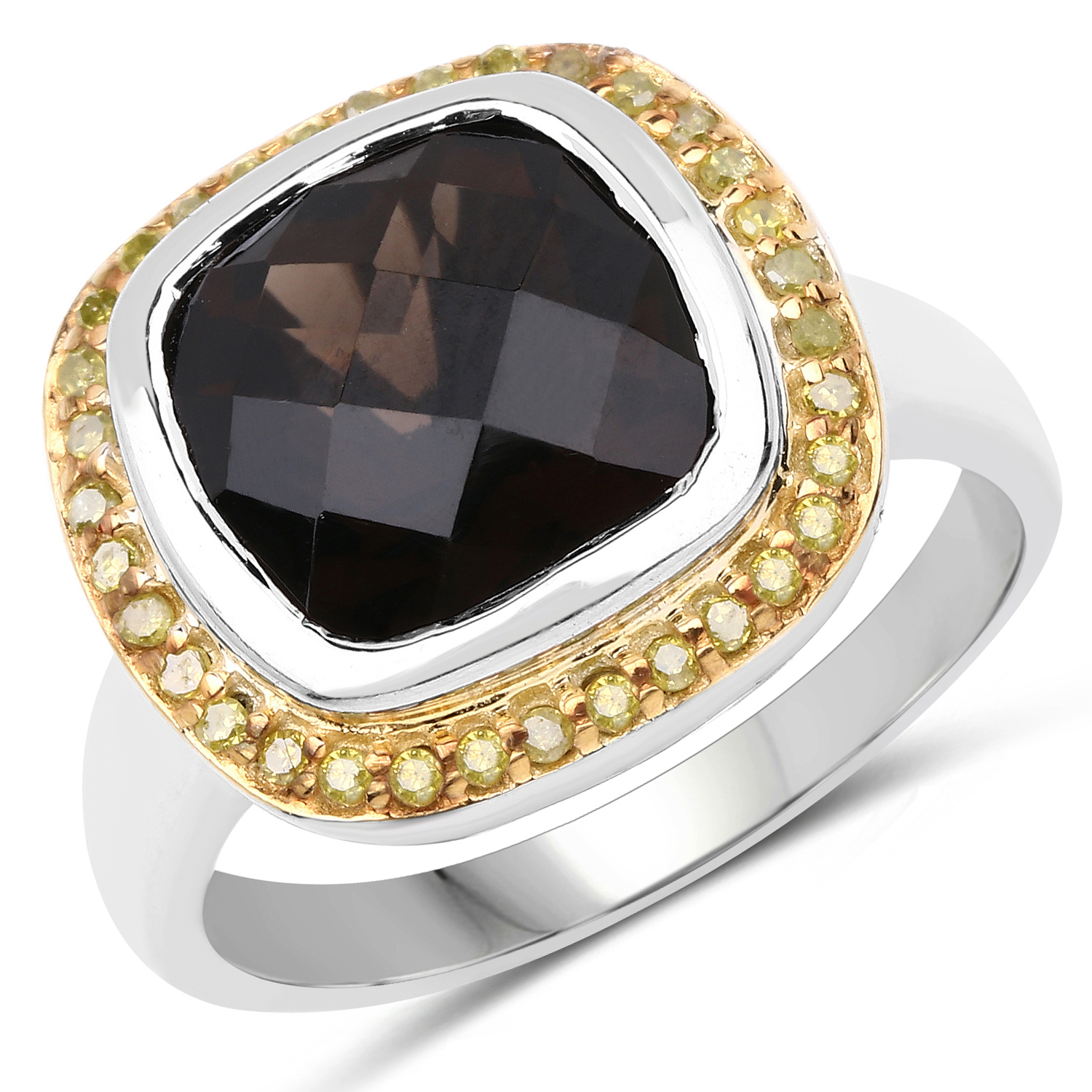 3.67 Carat Genuine Smoky Quartz and Yellow Diamond .925 Sterling Silver Ring