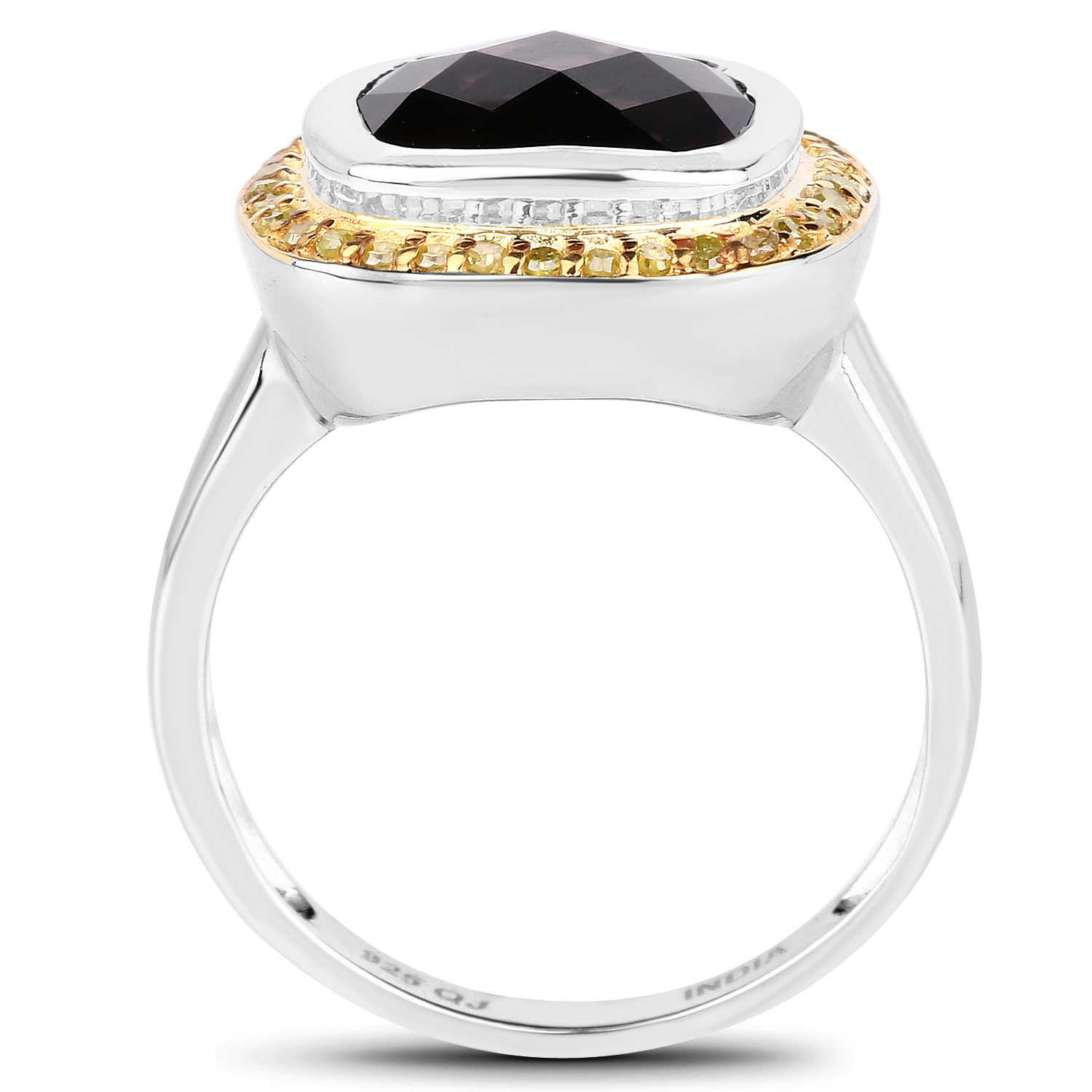 3.67 Carat Genuine Smoky Quartz and Yellow Diamond .925 Sterling Silver Ring