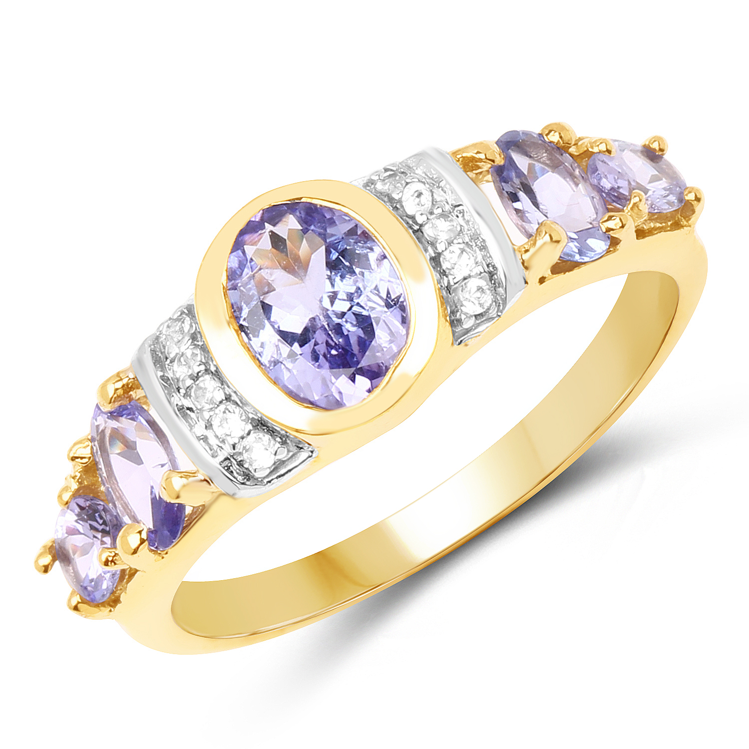 14K Yellow Gold Plated 1.64 Carat Genuine Tanzanite & White Topaz .925 Sterling Silver Ring